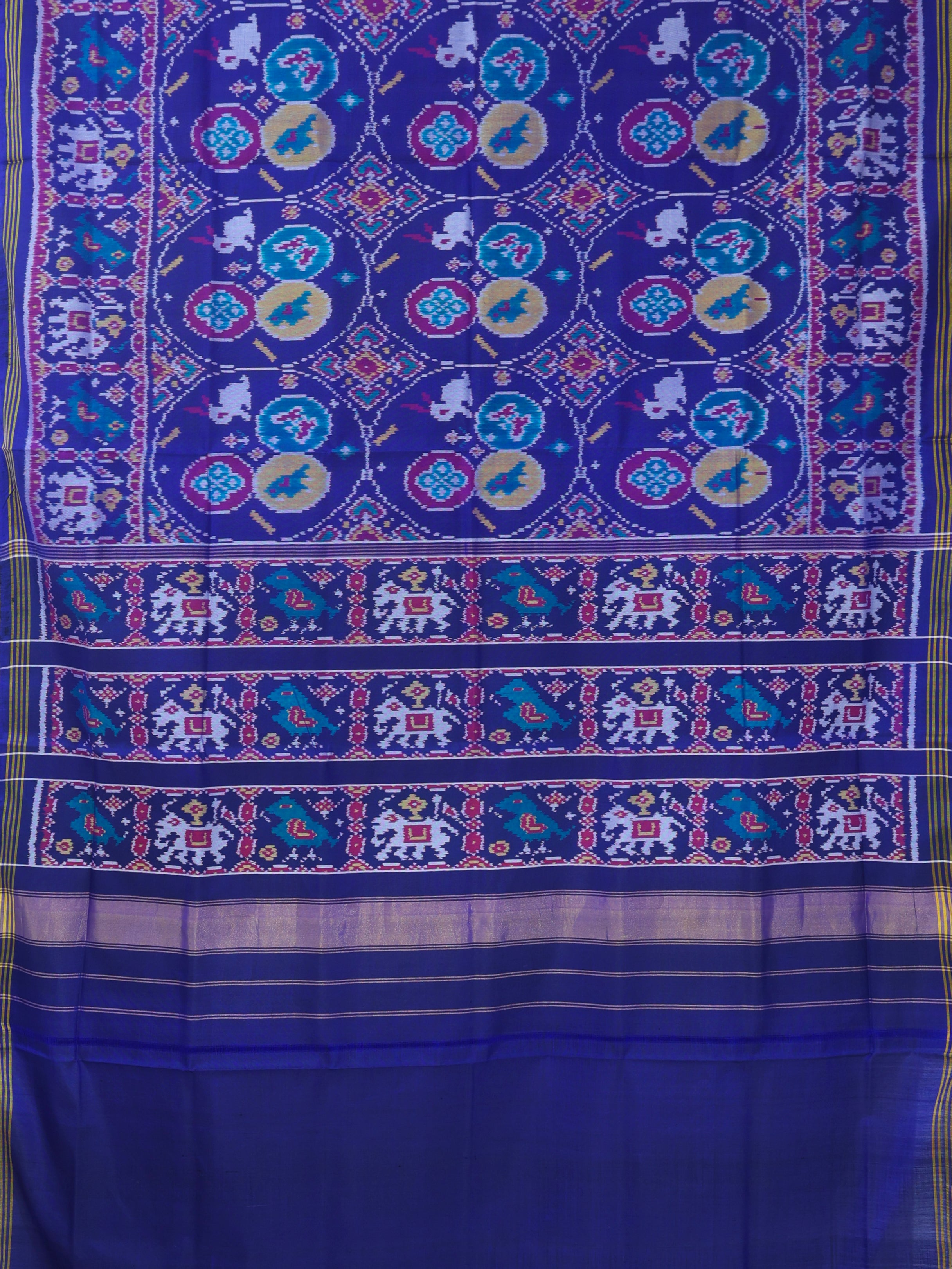 Chhabdi with motif design plain blue color semi double ikat patola saree