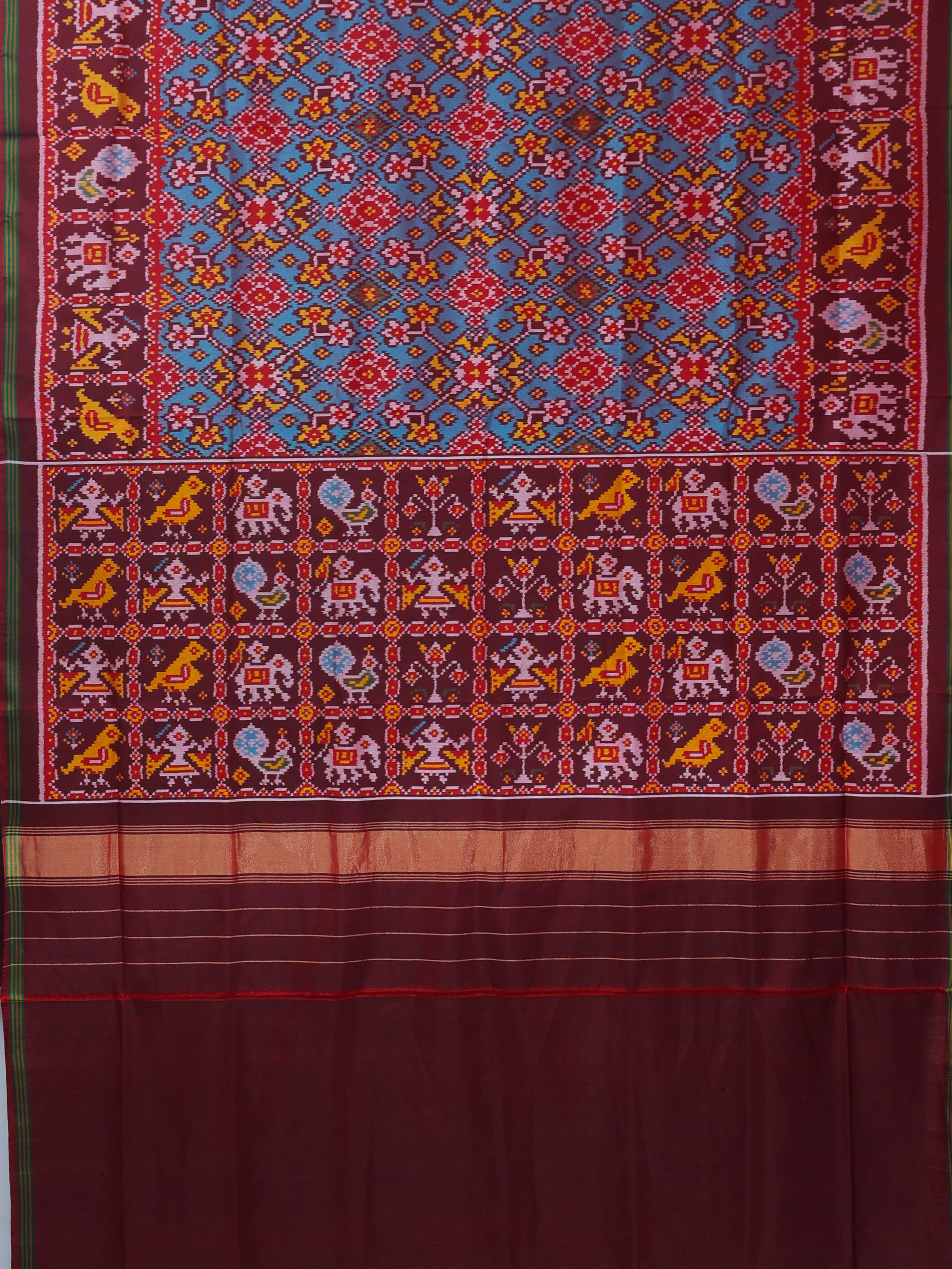 Traditional navratna design with pallu border motif design  semi double ikat patola saree