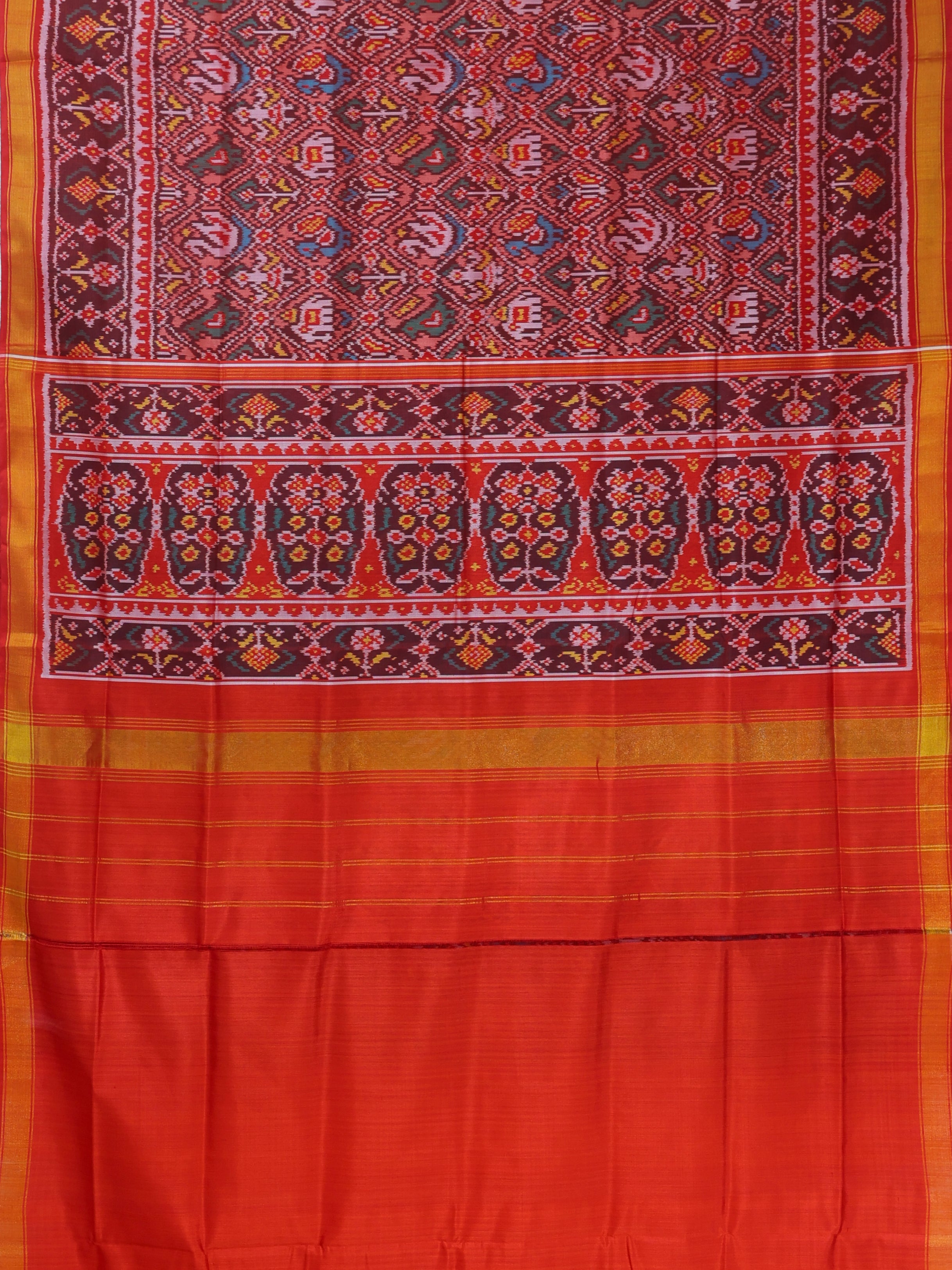 Traditional nari kunjar design with ghughroo border single ikat patola saree