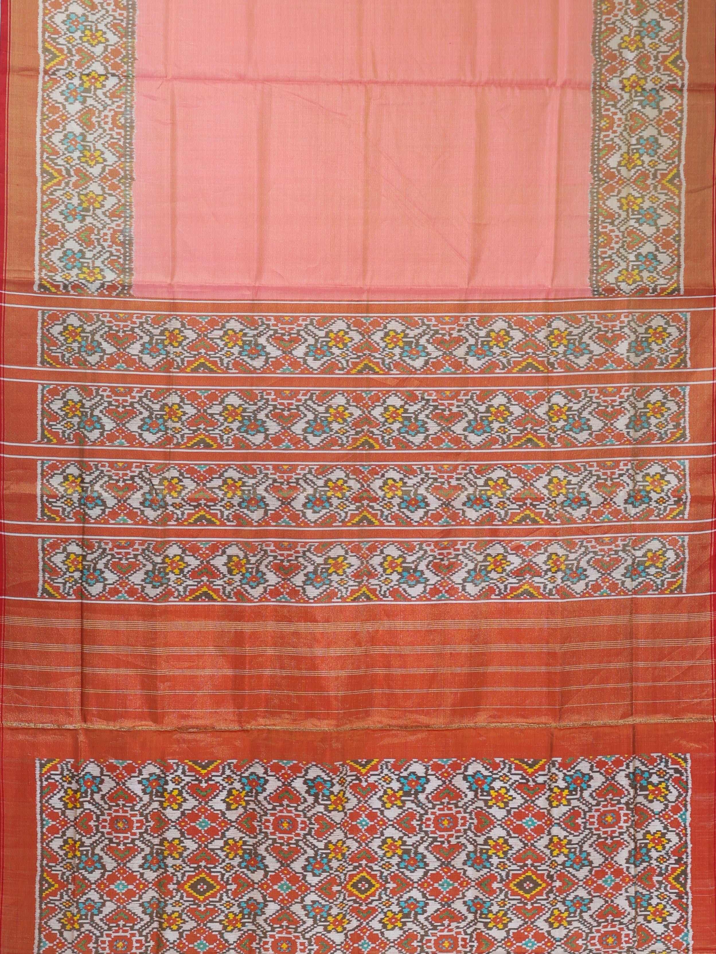 Plain pink with off white navratna manek chowk border tissue patola saree