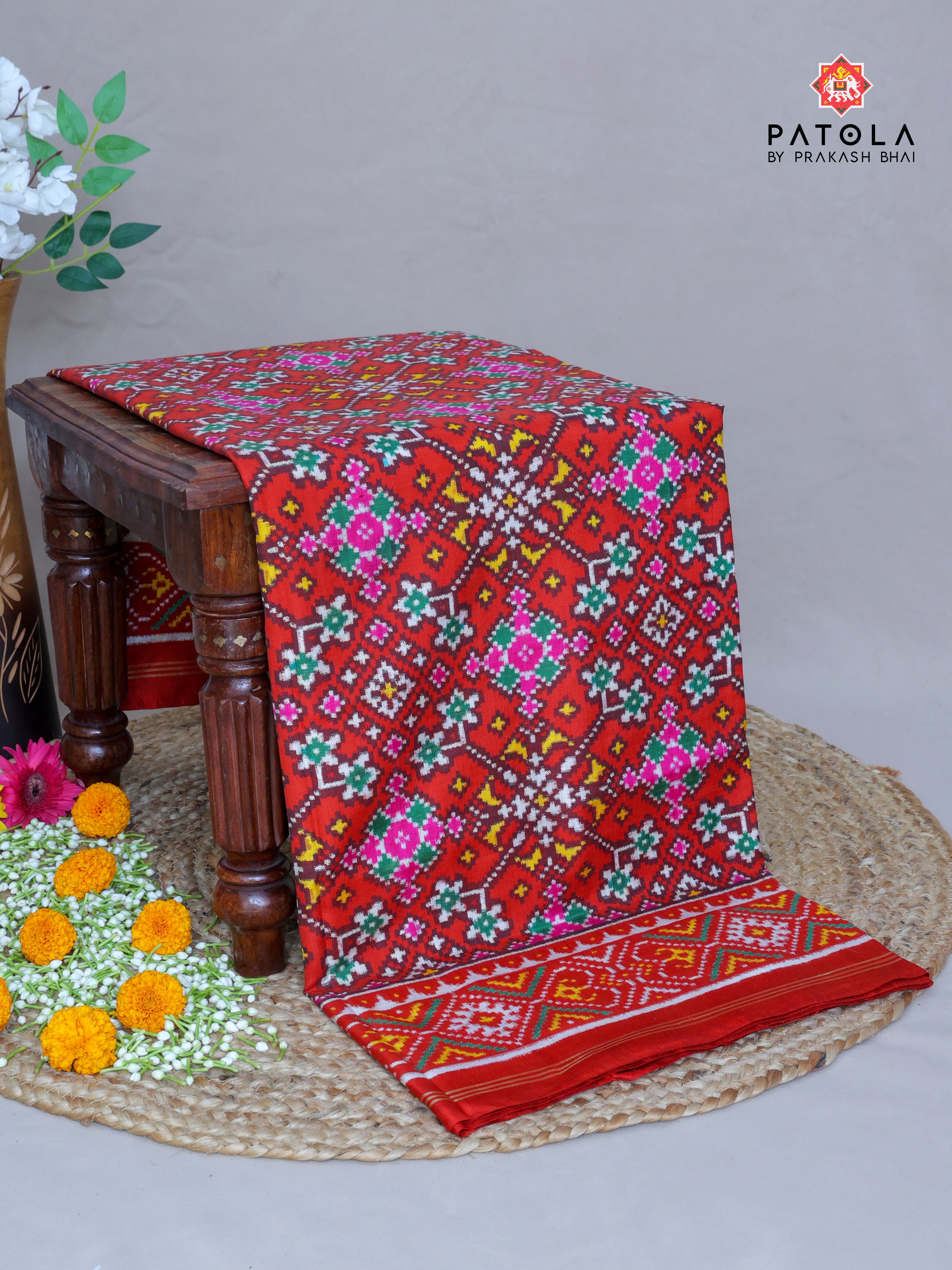 Red Navratna Design Pure Double Ikat Patola Saree