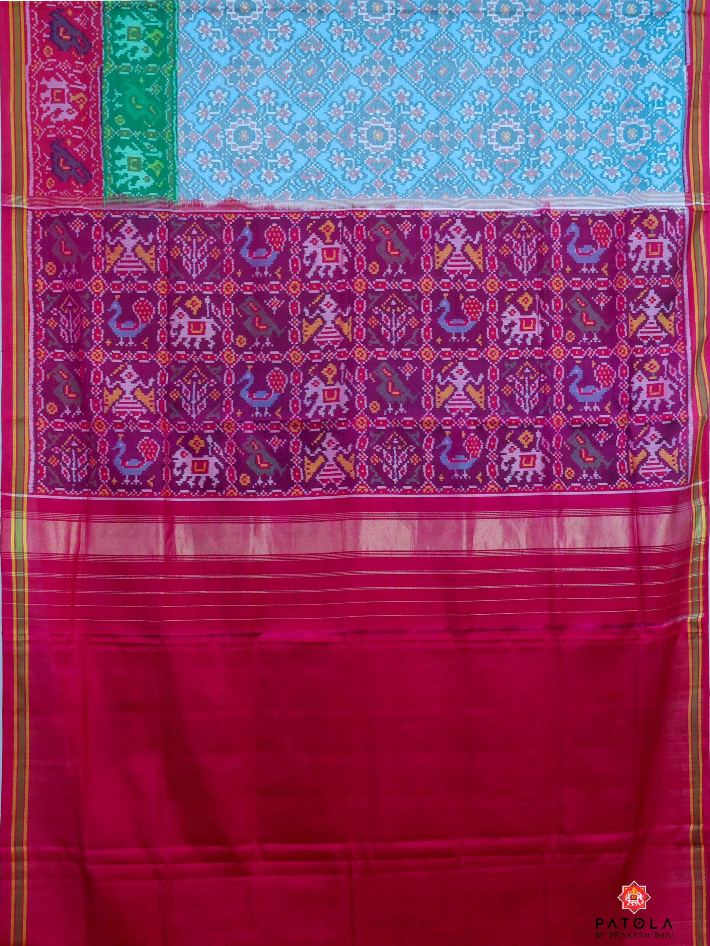 Navratna Pan Chanda Mix Design With Two Colors Border Semi Double Ikat Patola Saree