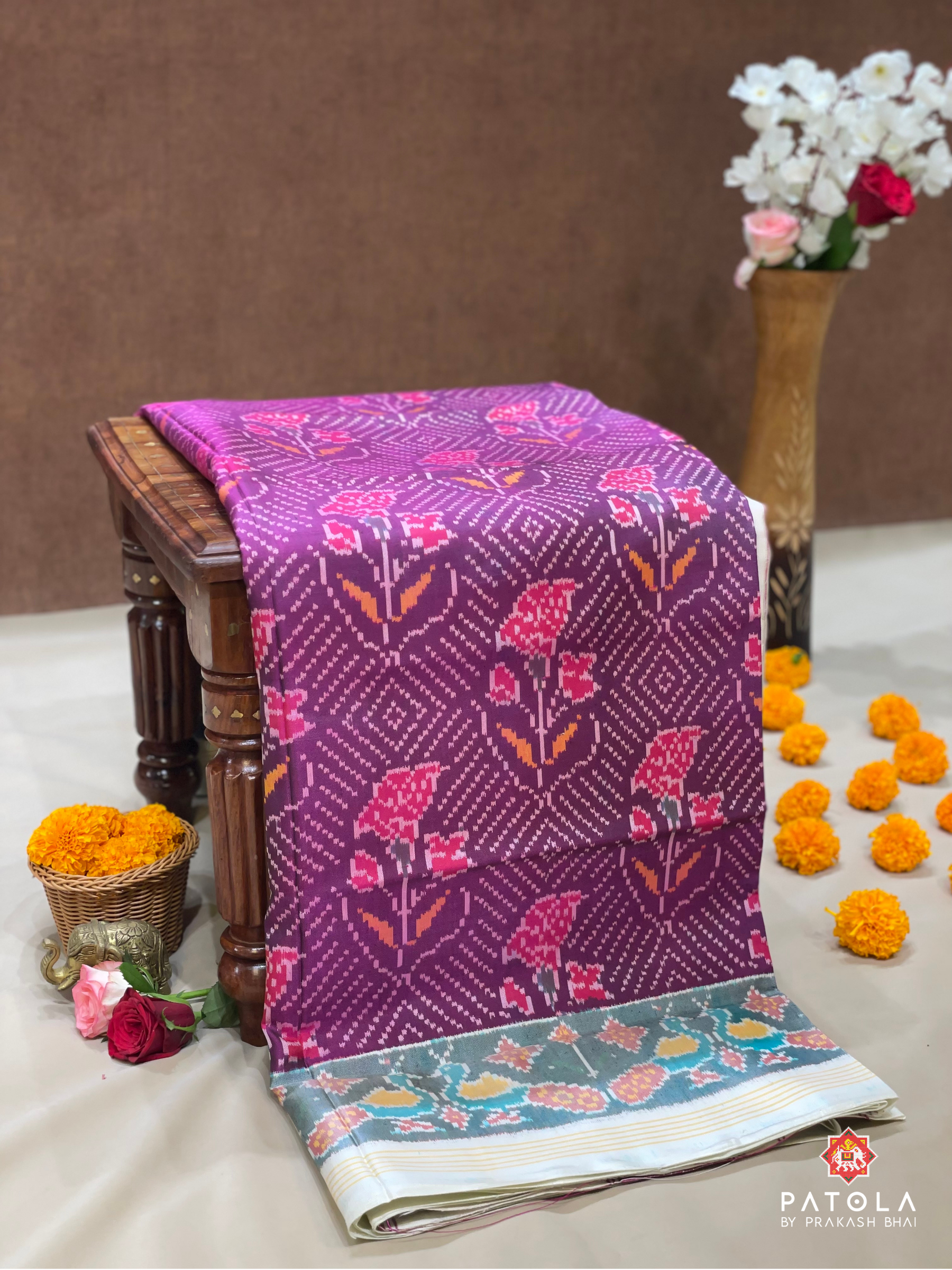 Rose Flowers Design With Peacock Border Semi Double Ikat Patola Saree