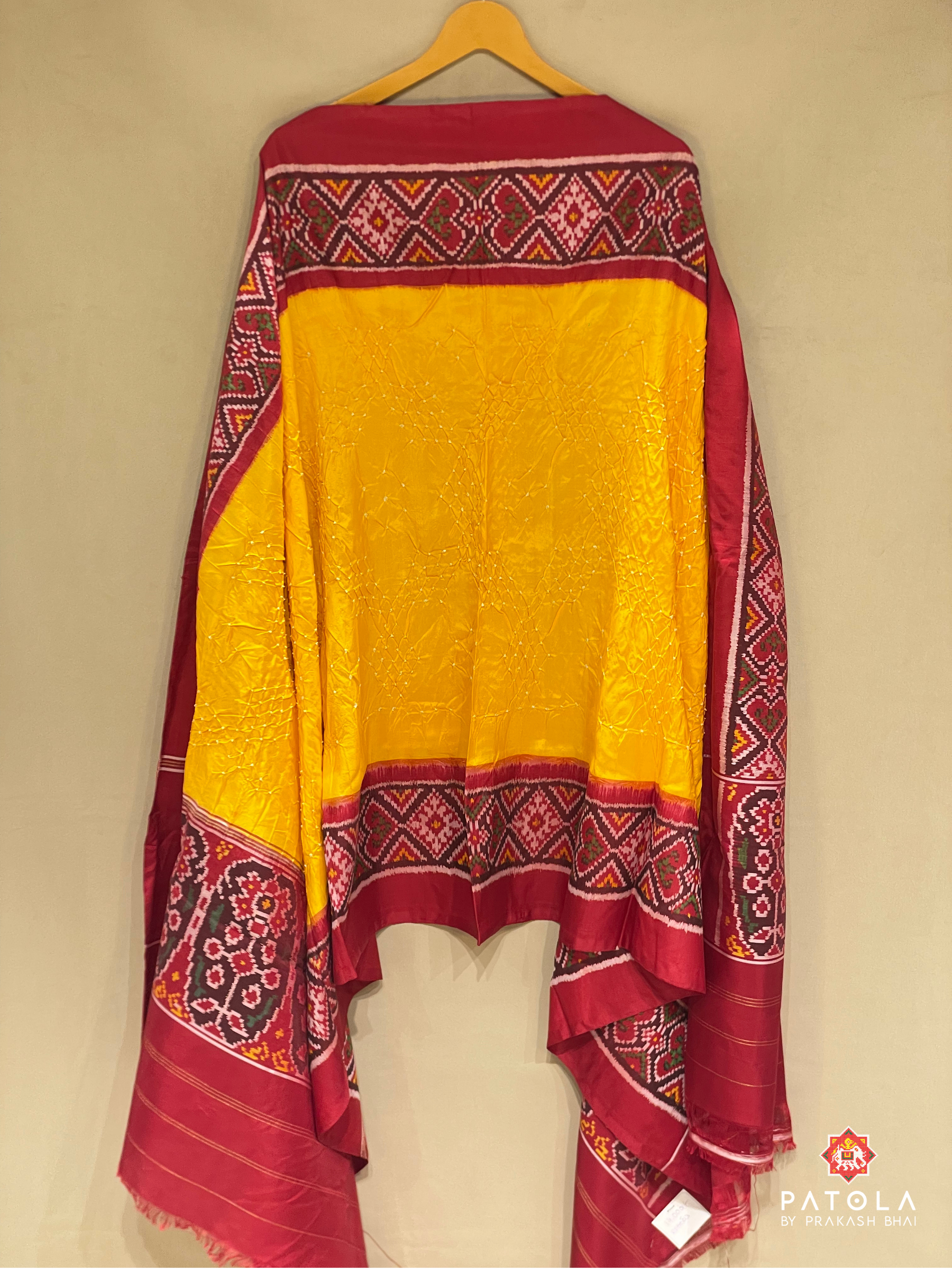 Yellow With Red Pallu Border Patola Design With Bodywork Bandhej Dupatta