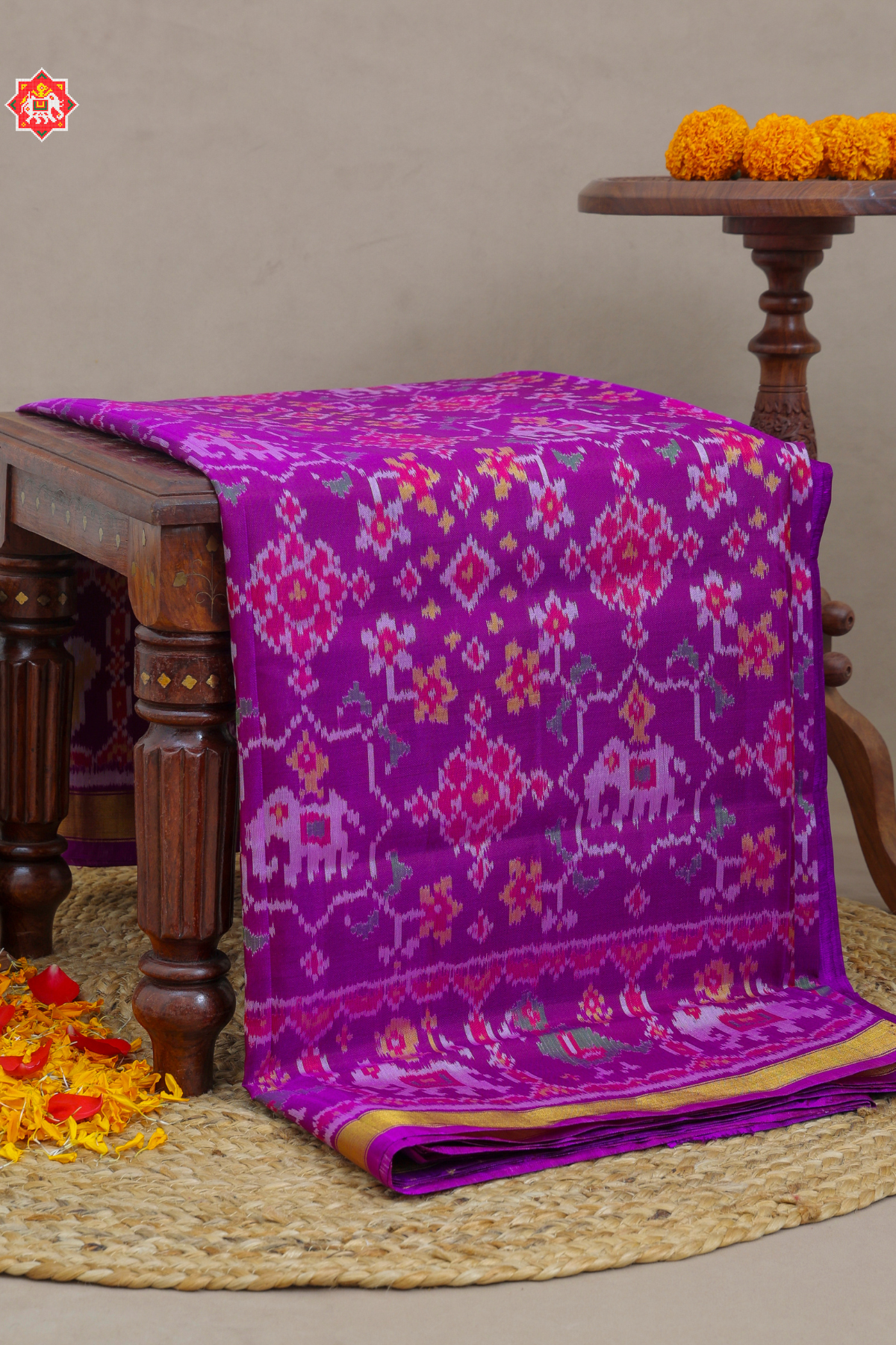 Traditional navaratna with elephant design single ikat patola saree