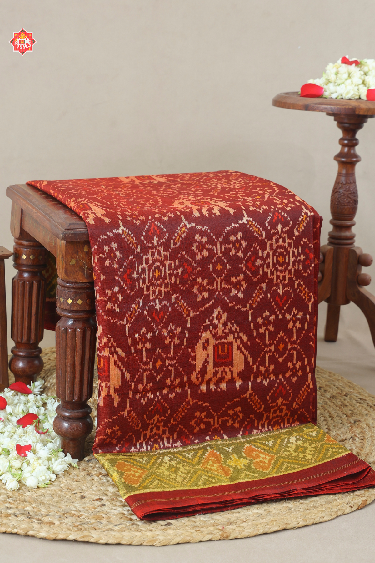 Manek chowk design with elephant big tissue border single ikat patola saree