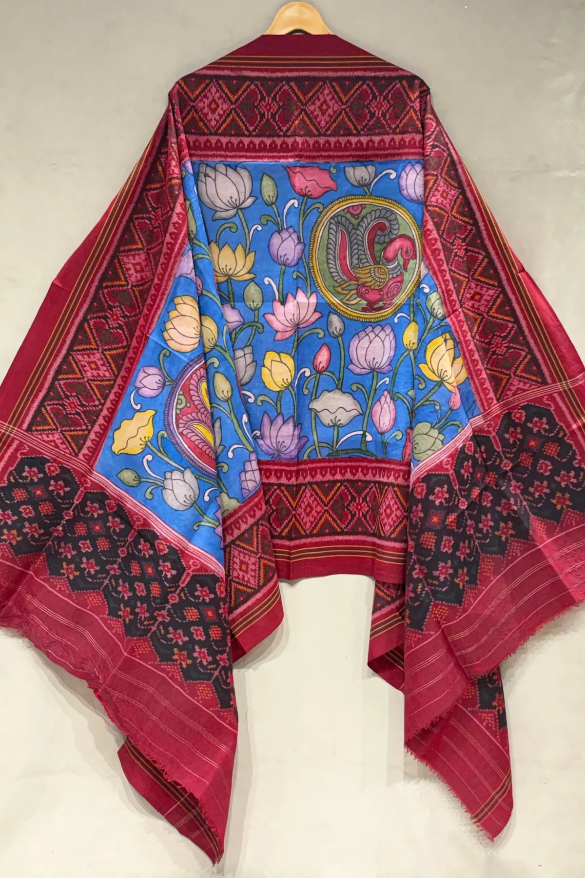 Pallu border patola design with hand pinting kalmkari work