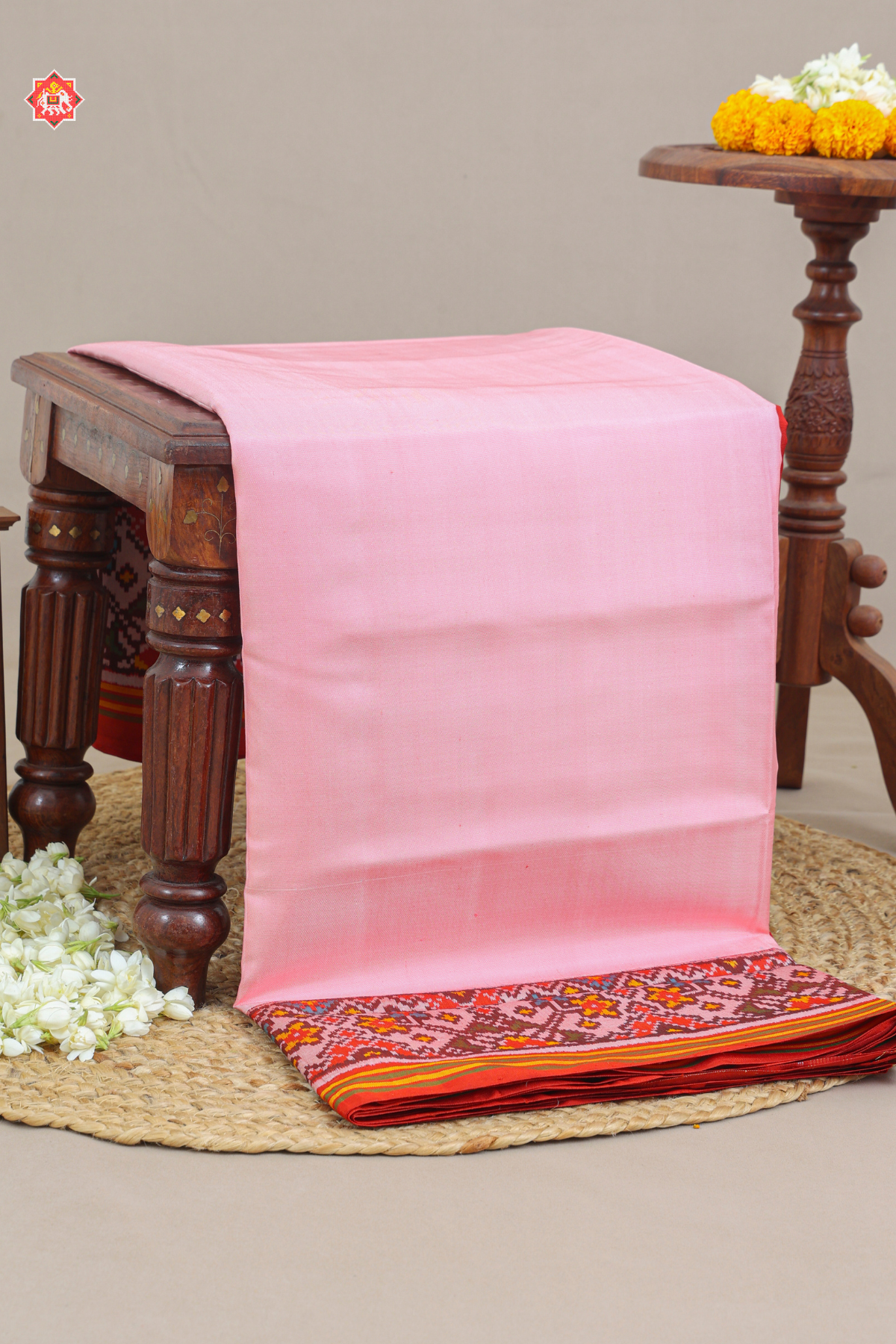 Plain strawberry pink  with navratna border semi double ikat patola saree