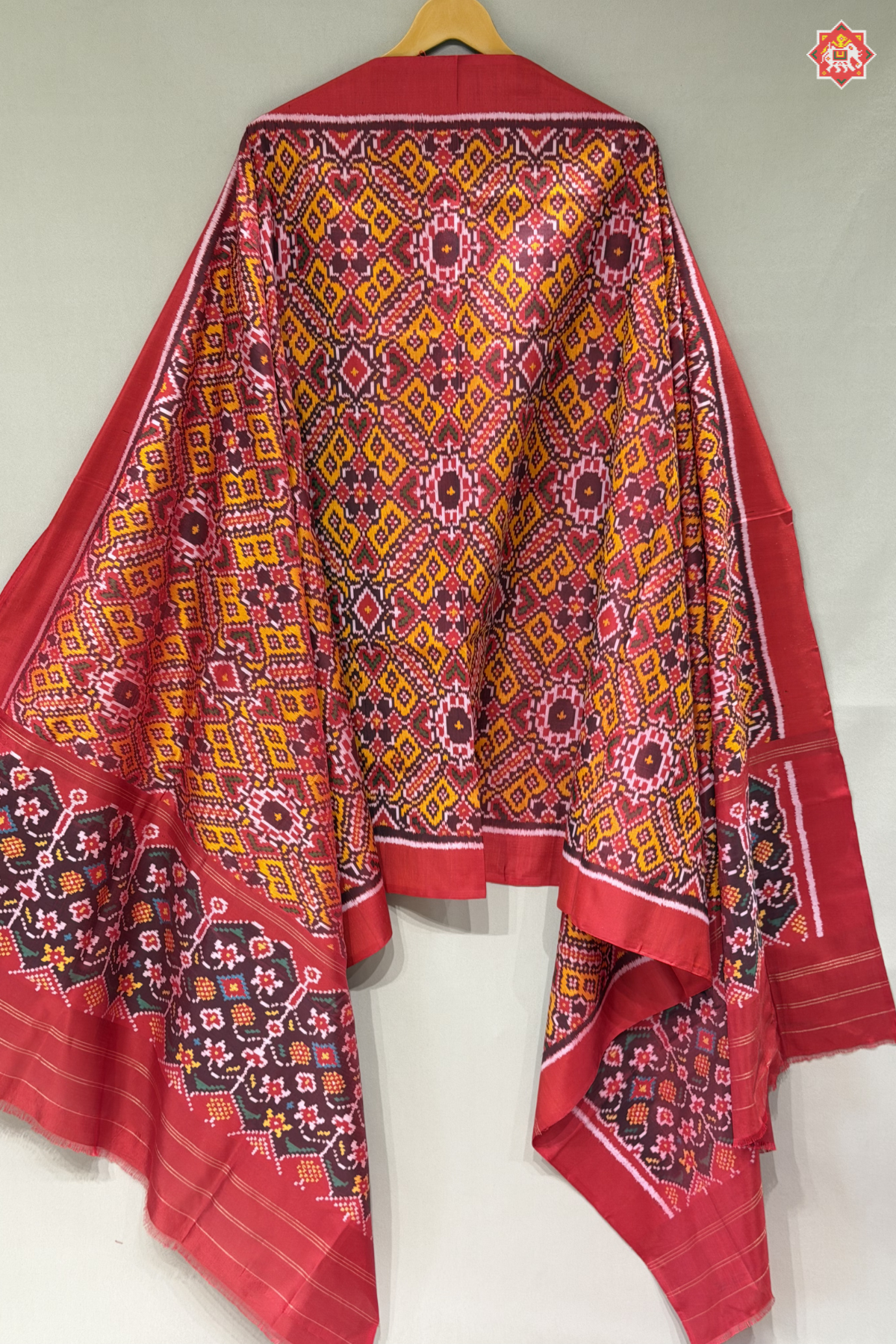 Manek chowk design with minakari work semi double ikat patola dupatta