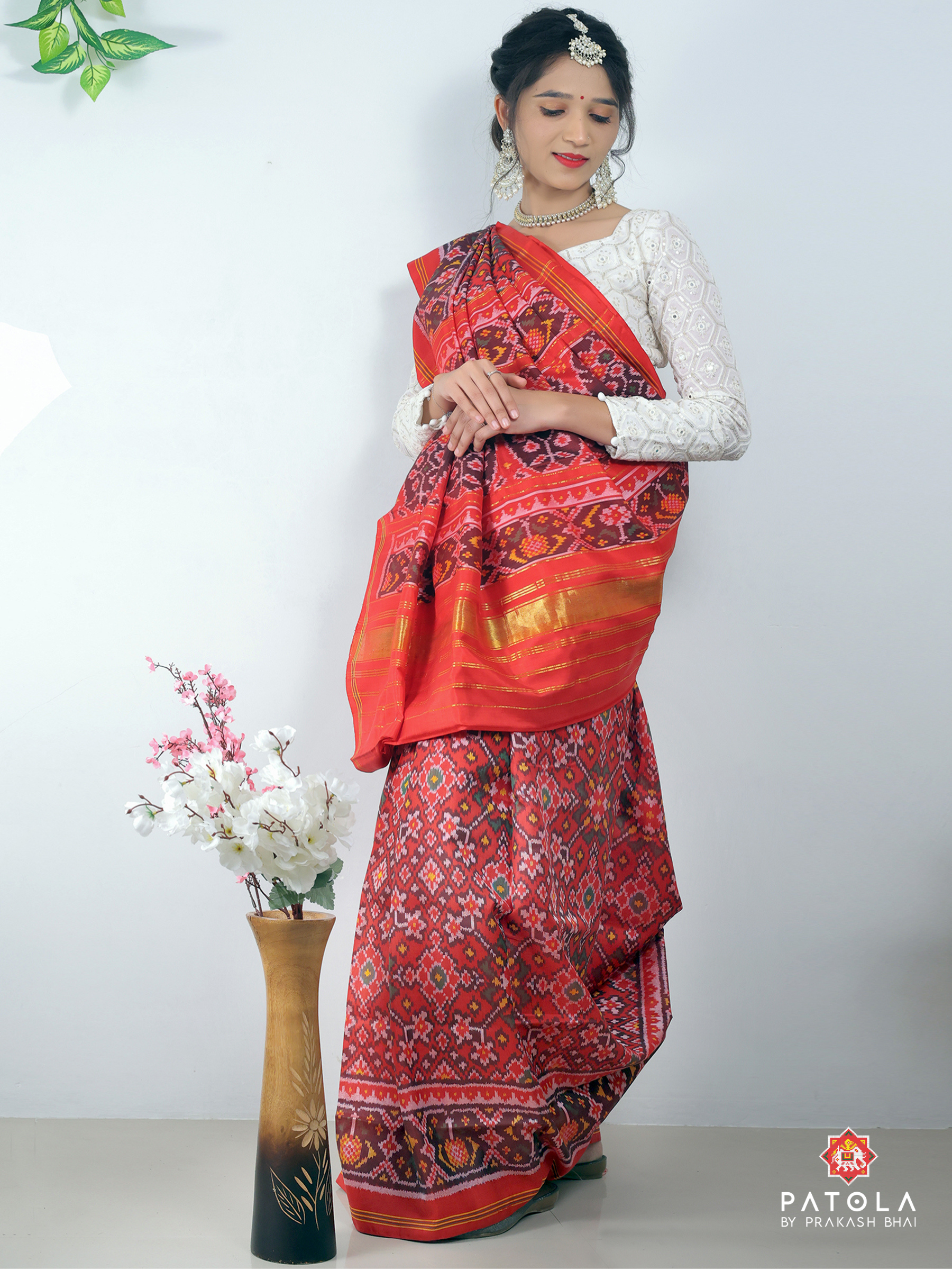Red Navratna Designer Semi Double Ikat Patola Saree