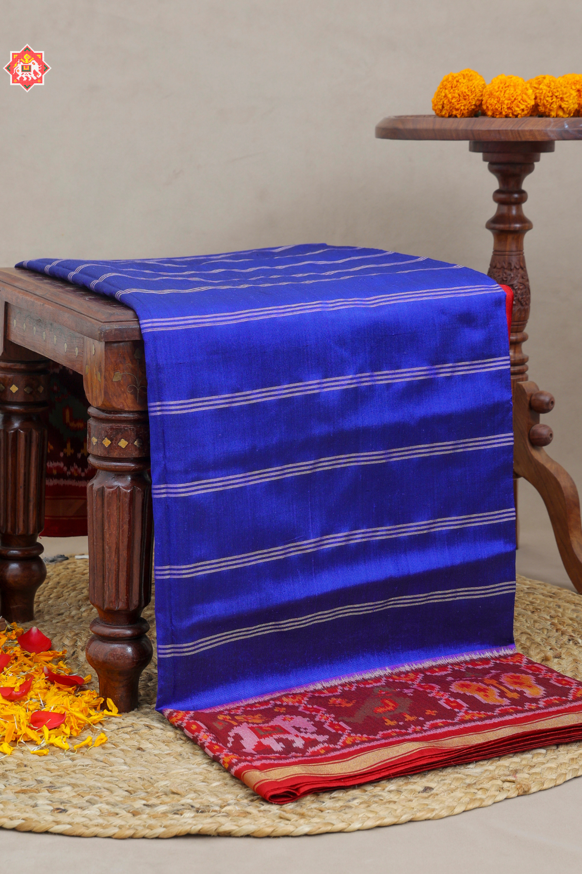 Masterpiece plain blue with patola tissue lines design with blouse patola design  Semi double ikat patola saree