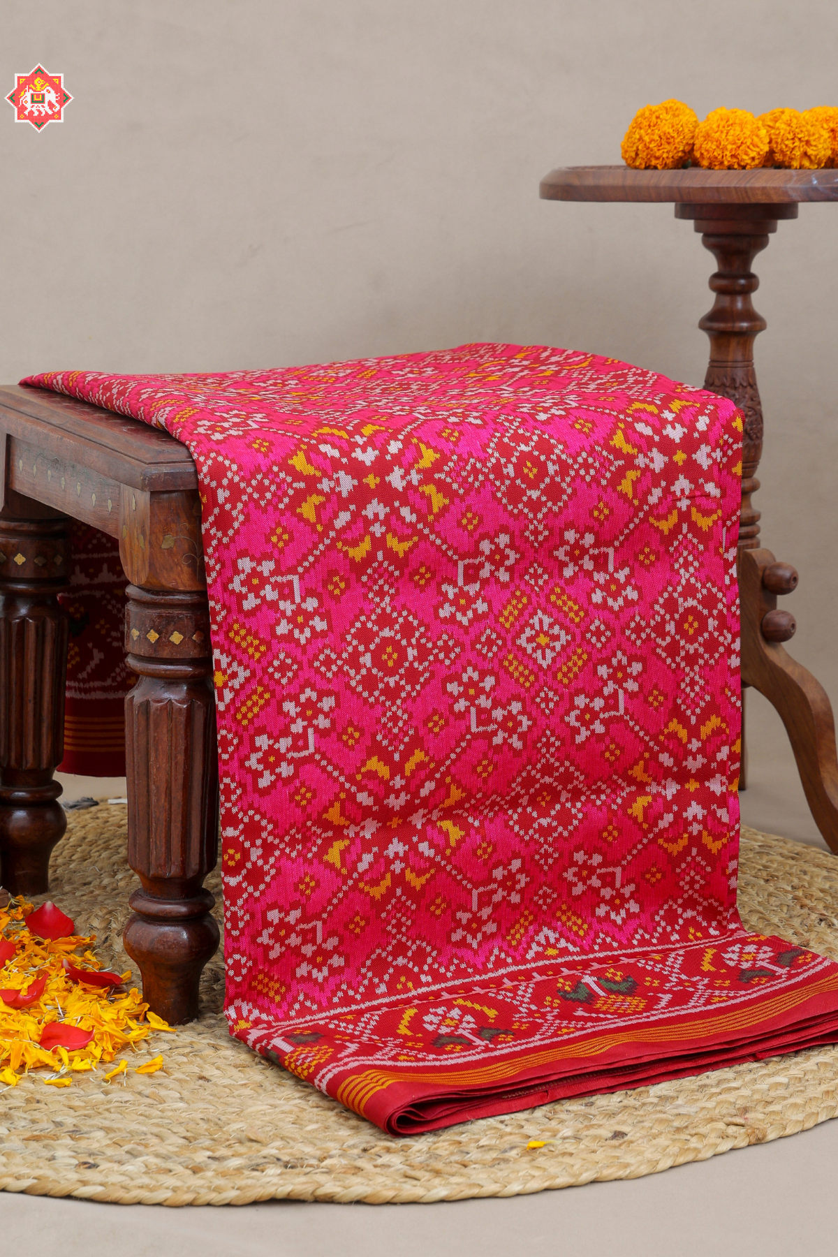 Navratna designer with pallu border ghughroo design  Semi double ikat patola saree