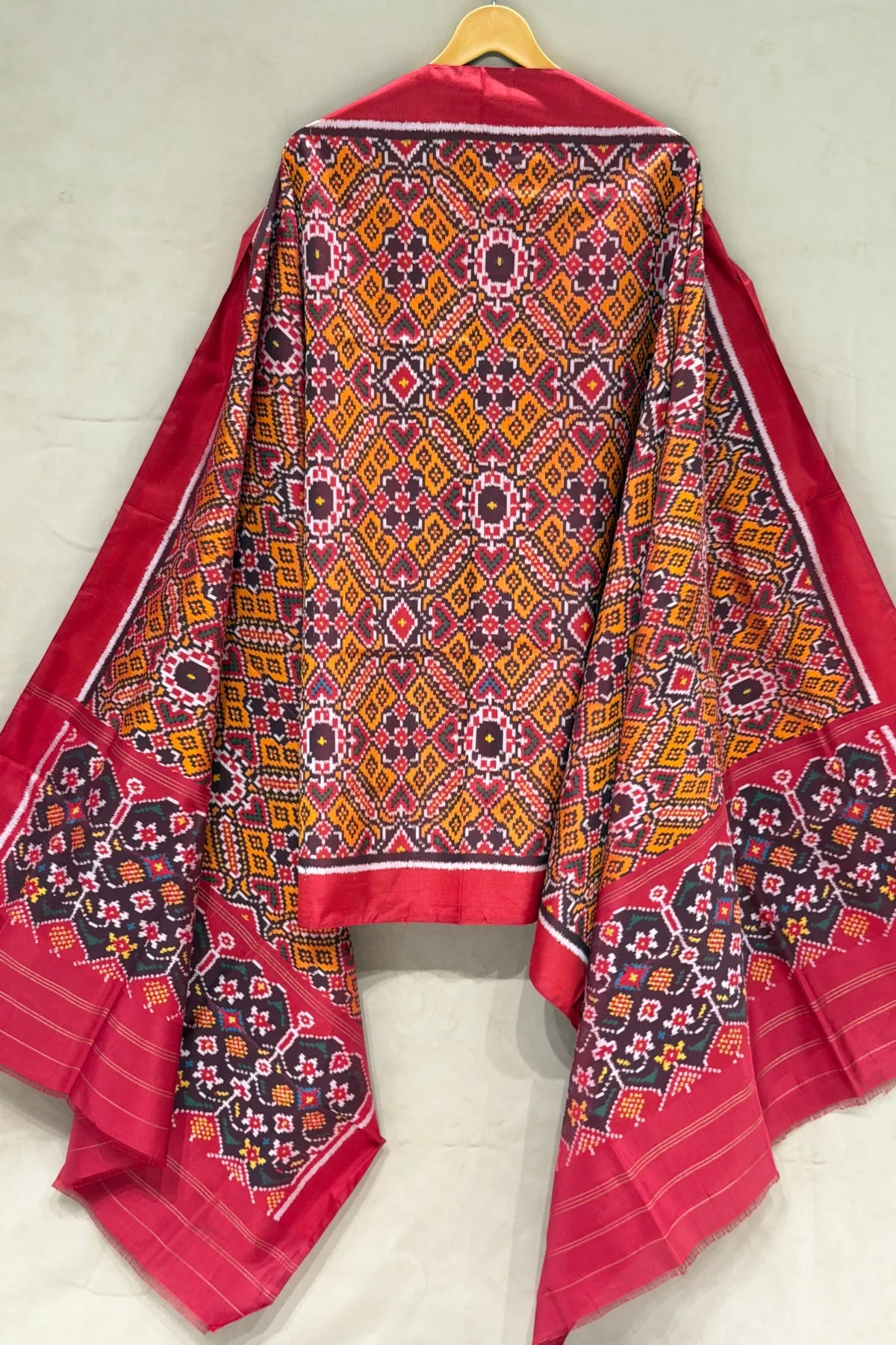 Manek chowk design with minakari work semi double ikat patola dupatta