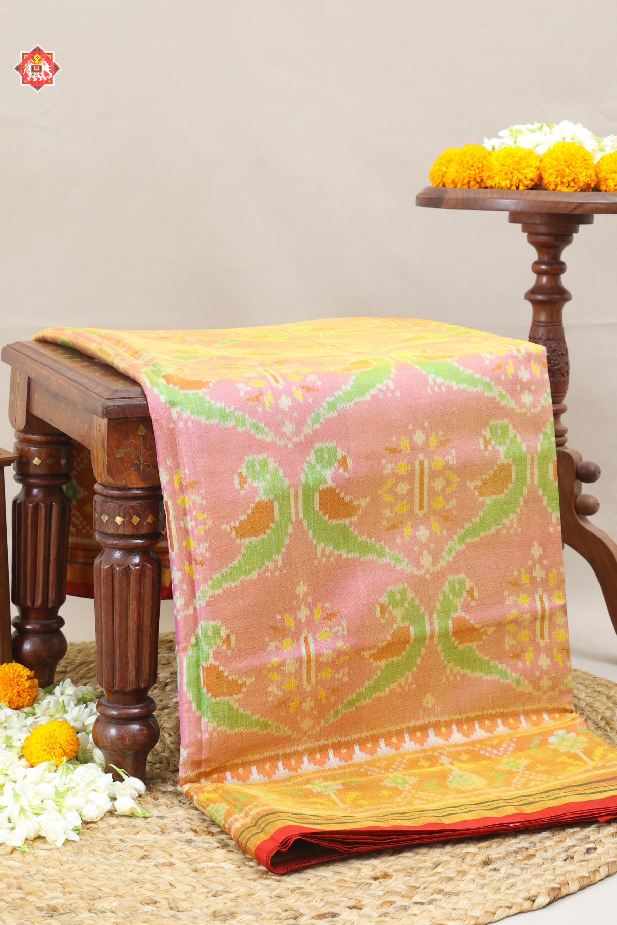 Parrot design with ghughroo pallu border tissue patola saree