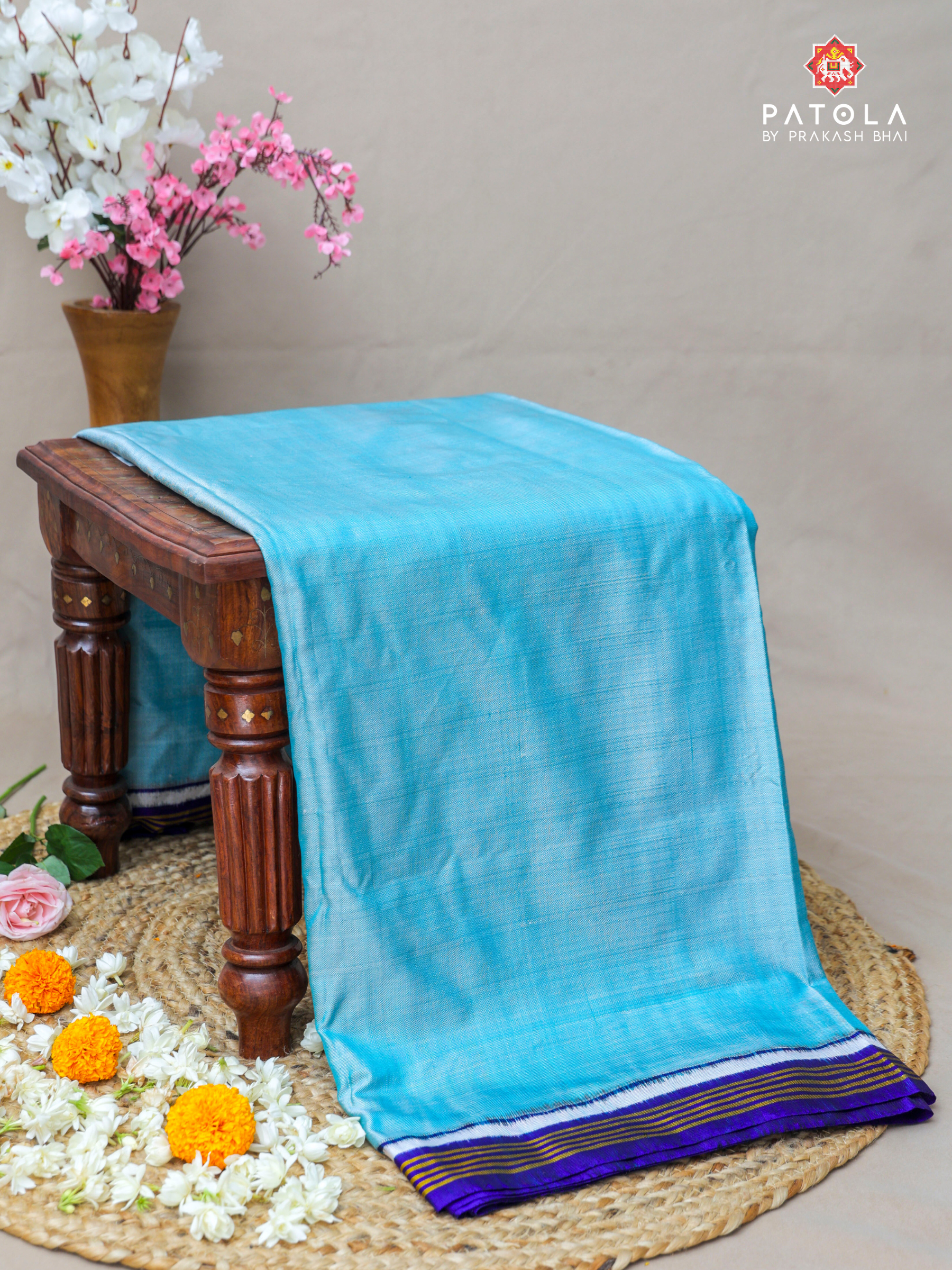 Plain Sky Blue Design With Elephent Pallu Pure Double Ikat Patola Saree