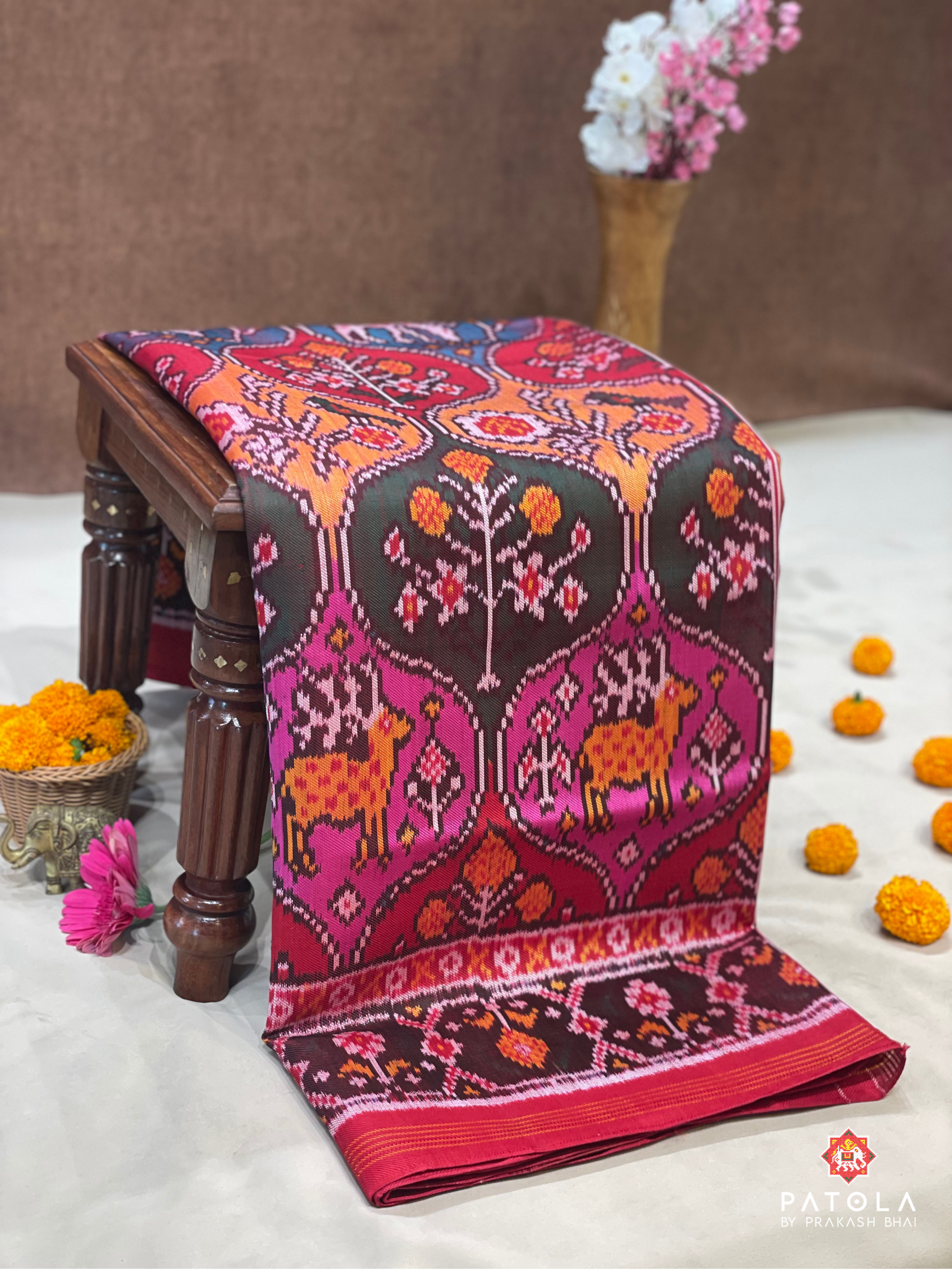 Multicolor With Deer Designer Twill Patola Saree