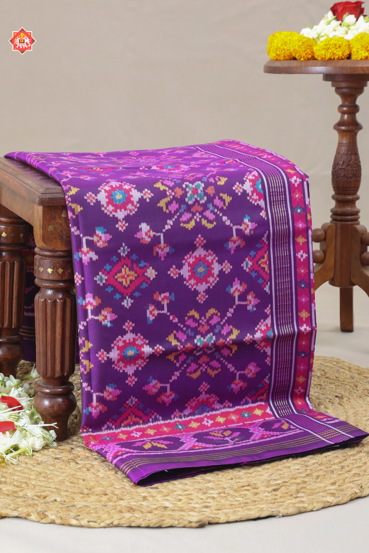 Minakari work & traditional navratna design with ghughroo pallu border semi double ikat patola saree