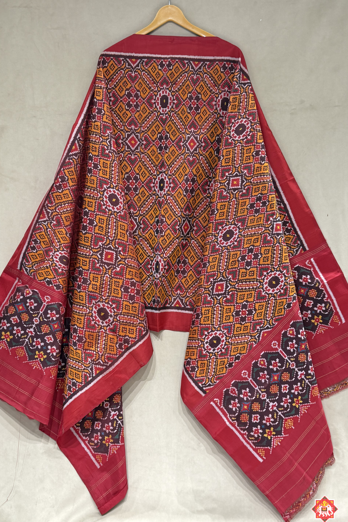 Manek chowk design with minakari work semi double ikat patola dupatta
