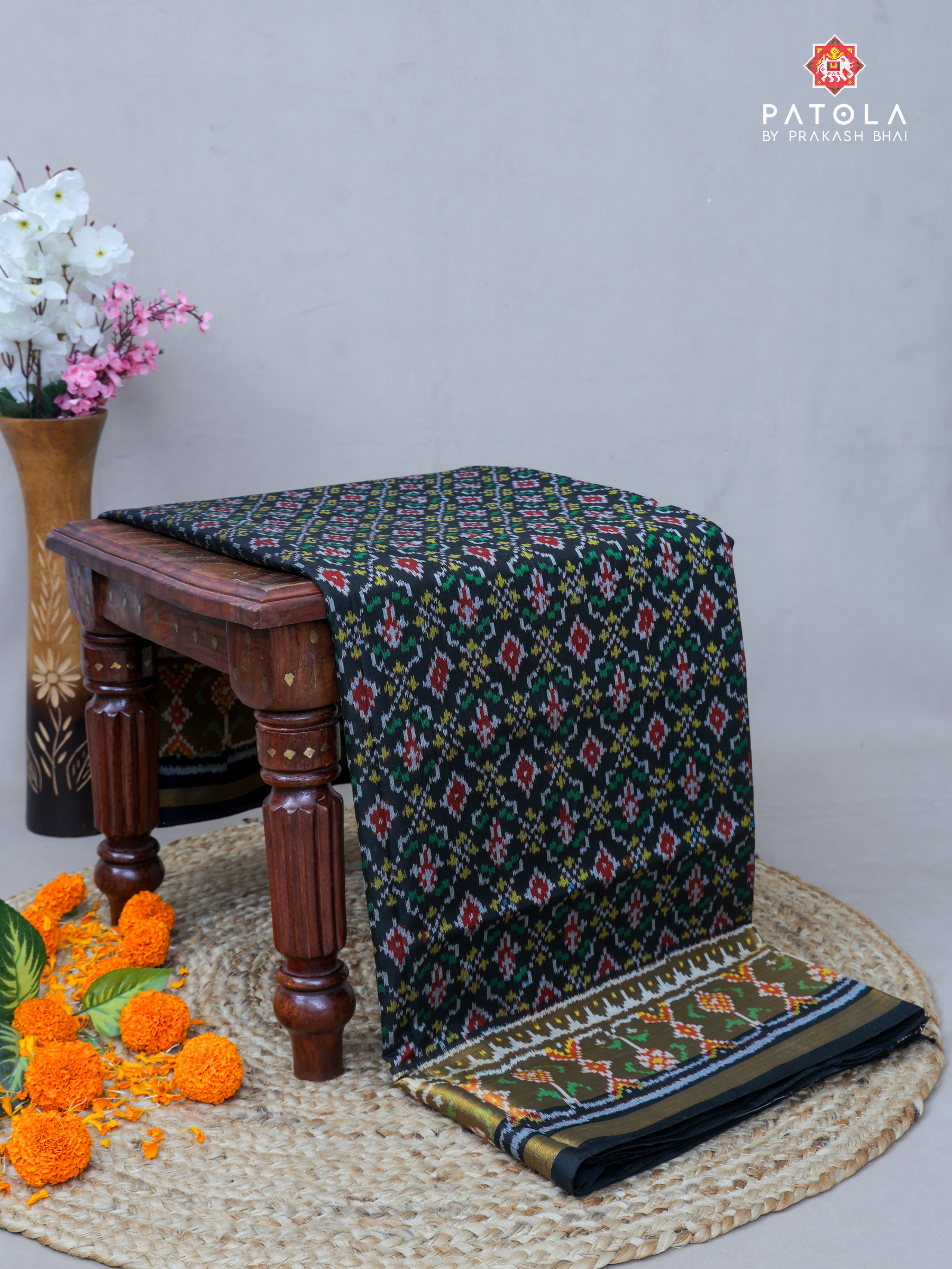 Black Button Phool With Minakari Work Single Ikat Patola Saree