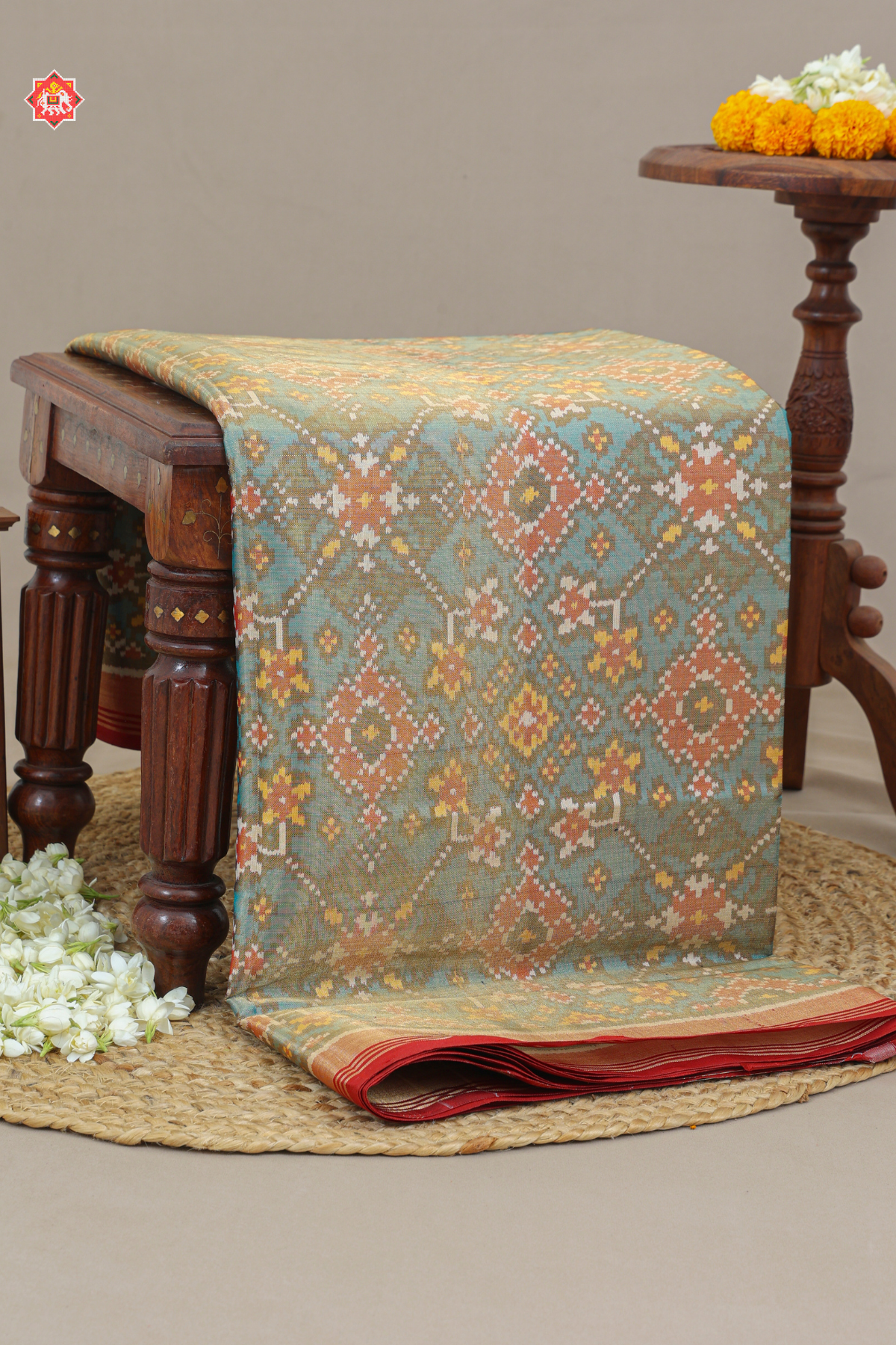 Navratna design minakari work small plain border tissue patola saree