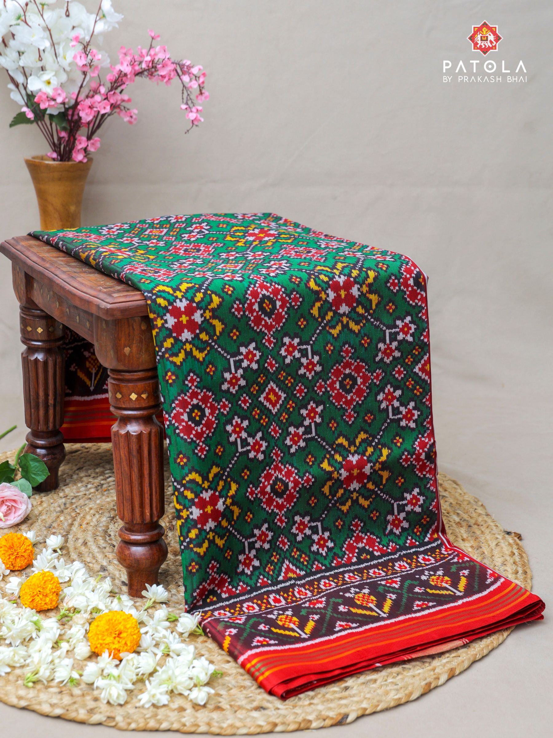 Green With Red Navratna Designer Semi Double Ikat Patola Saree