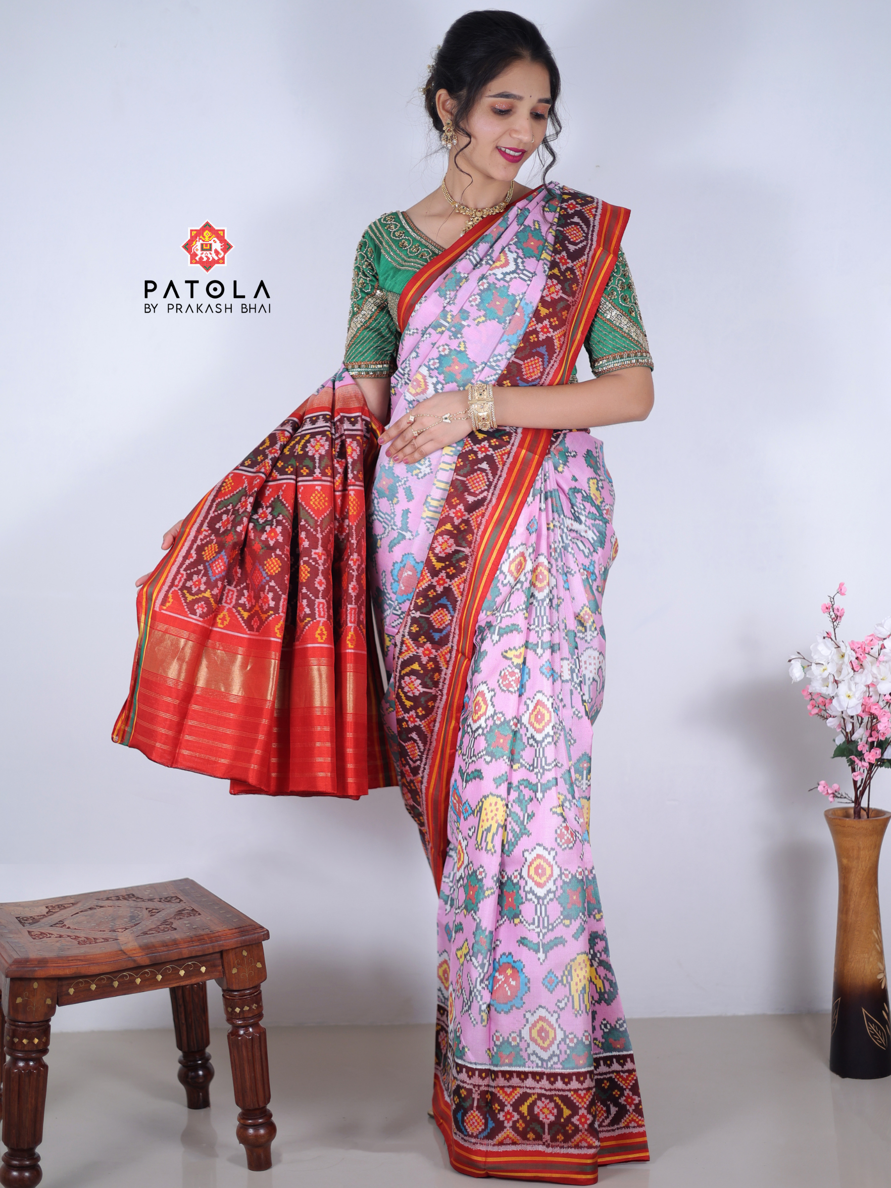 Masterpiece Deers With Flowers Designer Semi Double Ikat Patola Saree