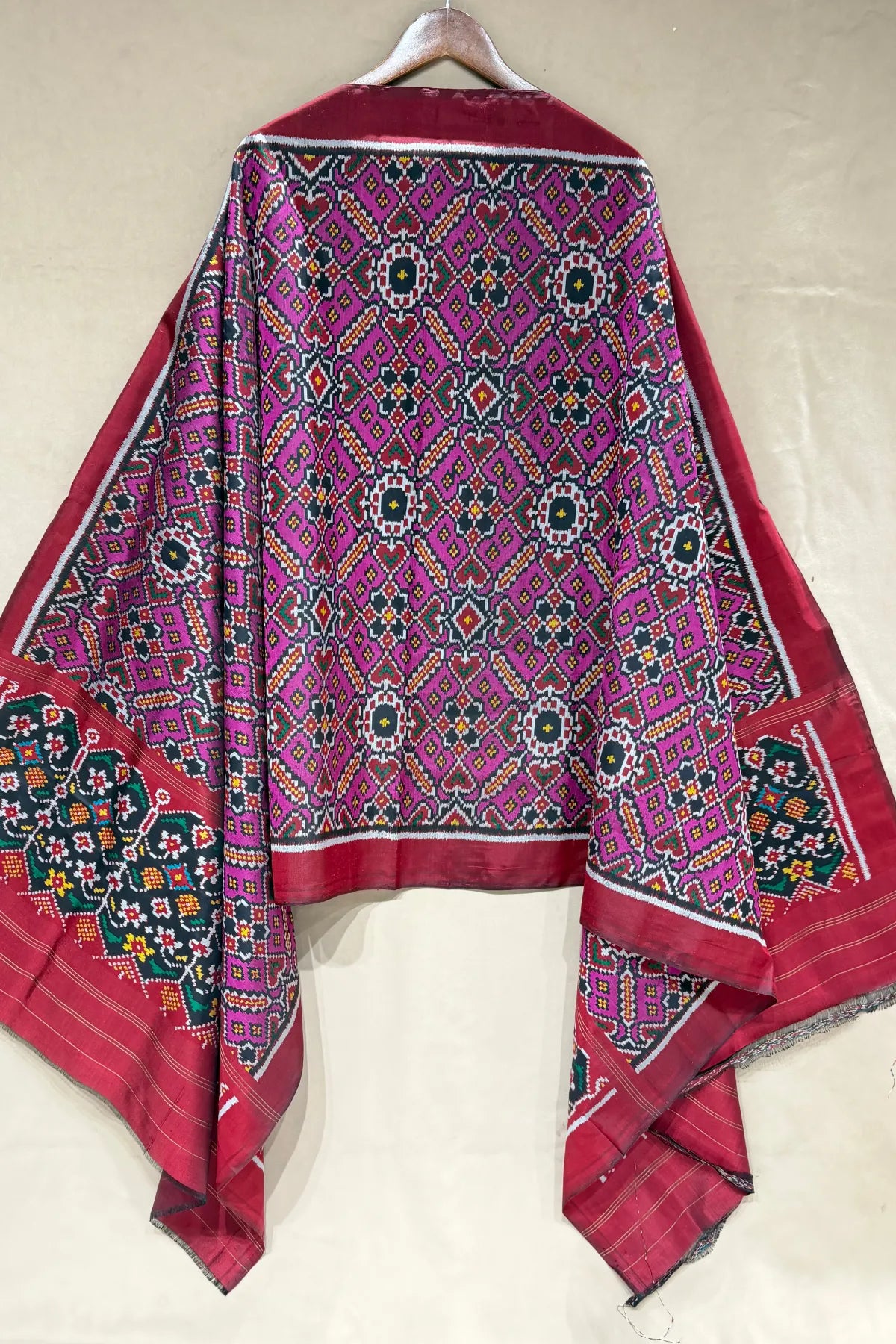 Manek chowk design with minakari work semi double ikat patola dupatta