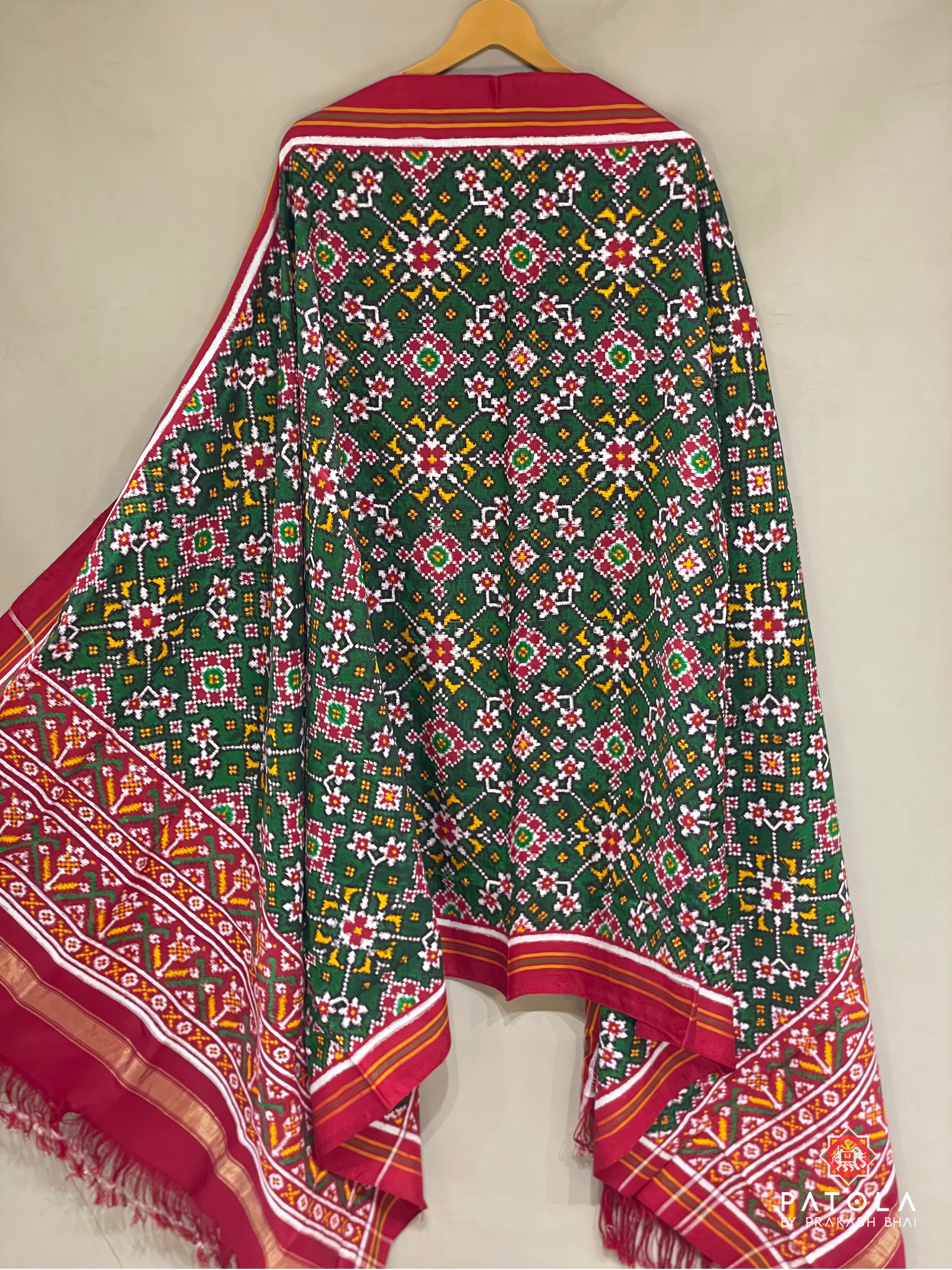 Traditional Green Navratna Designer Pure Double Ikat Dupatta