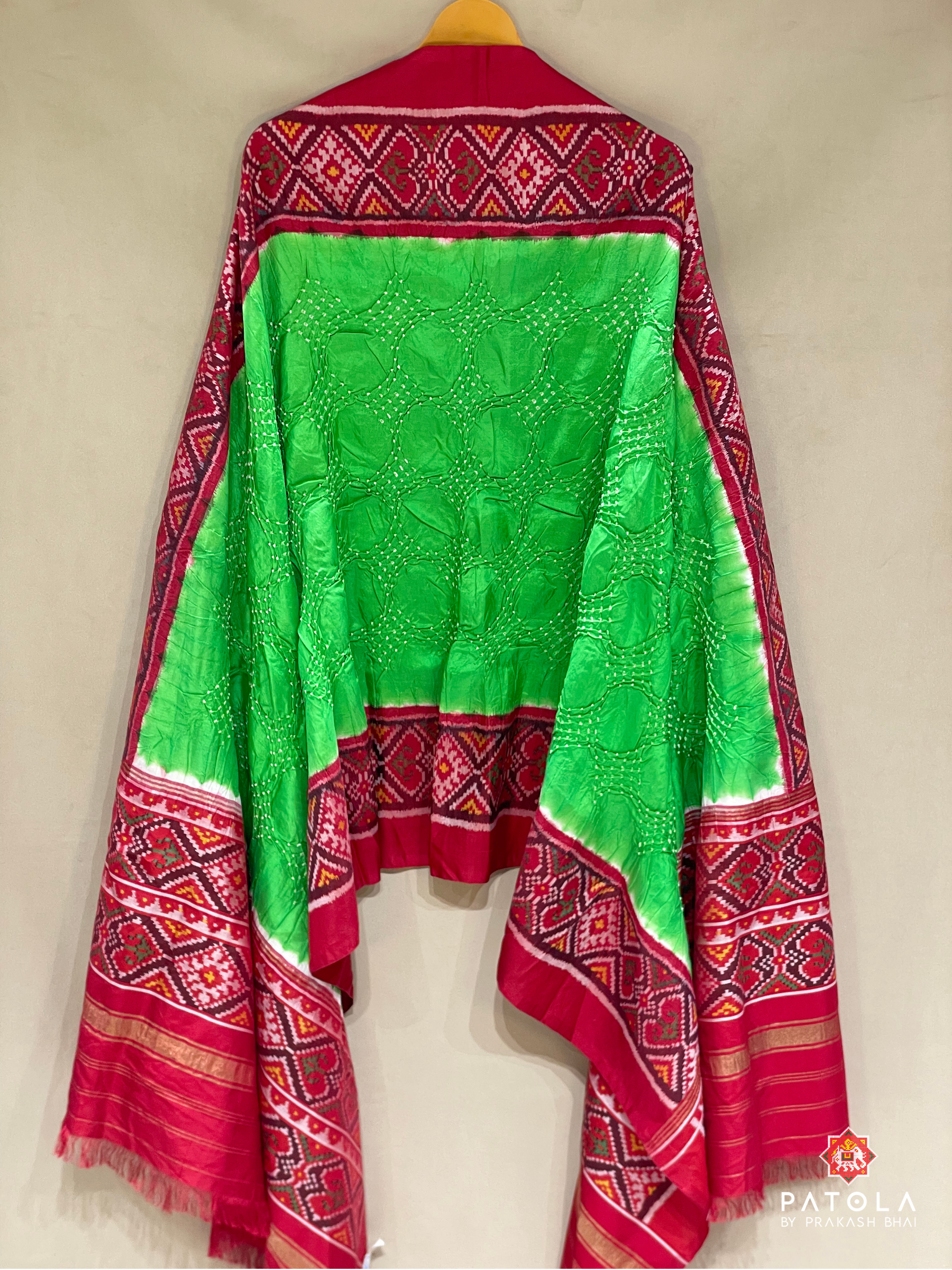 Parrot Green Border Patola Design With Bodywork Bandhej Dupatta
