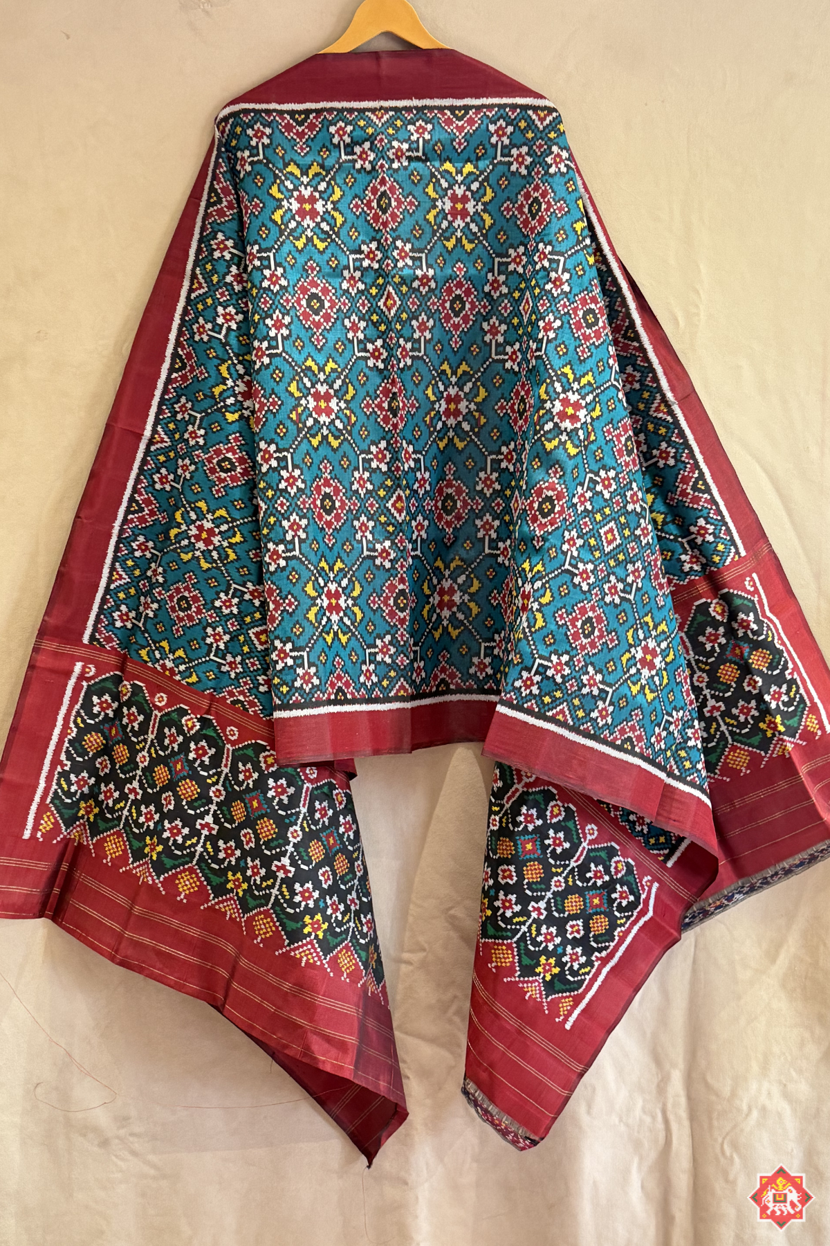 Traditional navratna designer semi double ikat dupatta