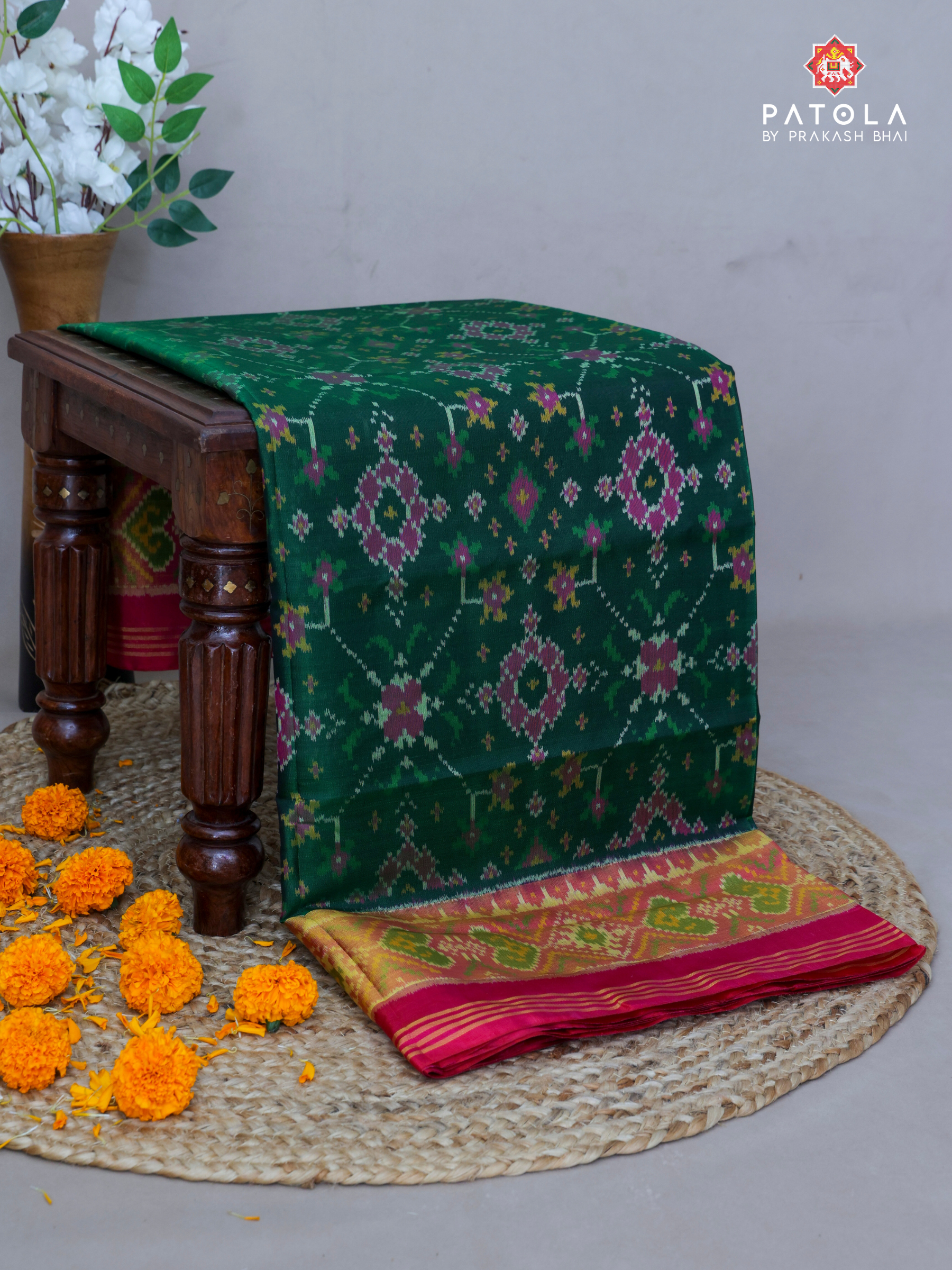 Green With Pink Traditional Navratna Design Single Ikat Patola Saree