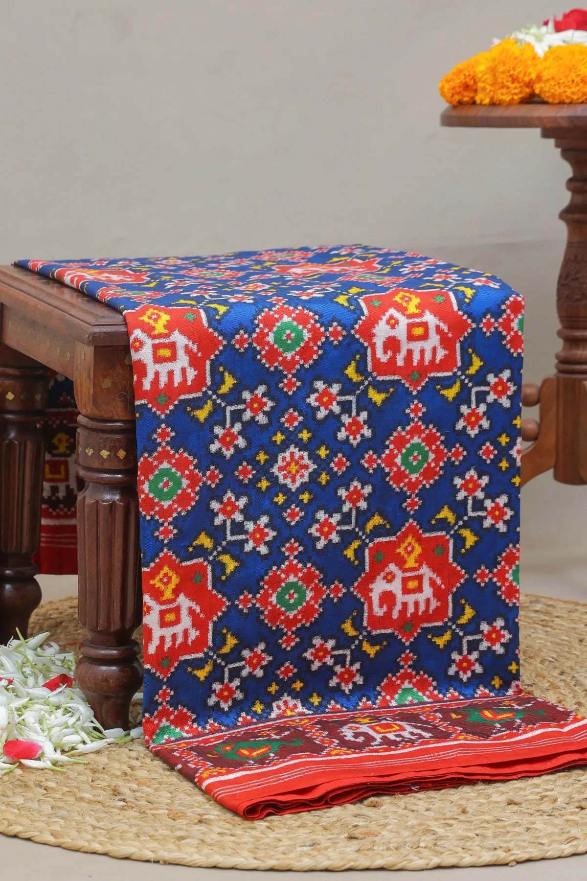 Patan patola navratna design with small elephant & traditional pallu pure double ikat patola saree