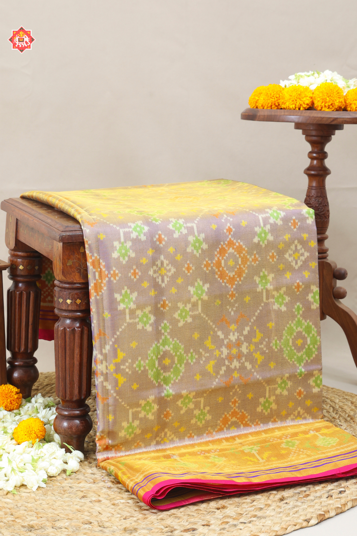 Navratna design with minakari work & ghughroo pallu border tissue patola saree