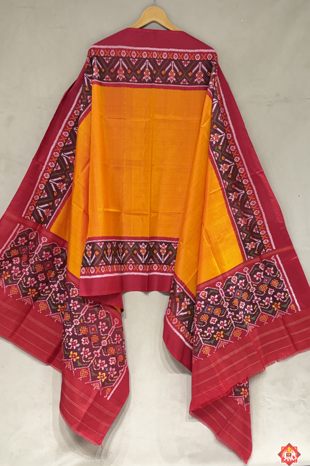 Plain yellow designer semi double ikat patola dupatta