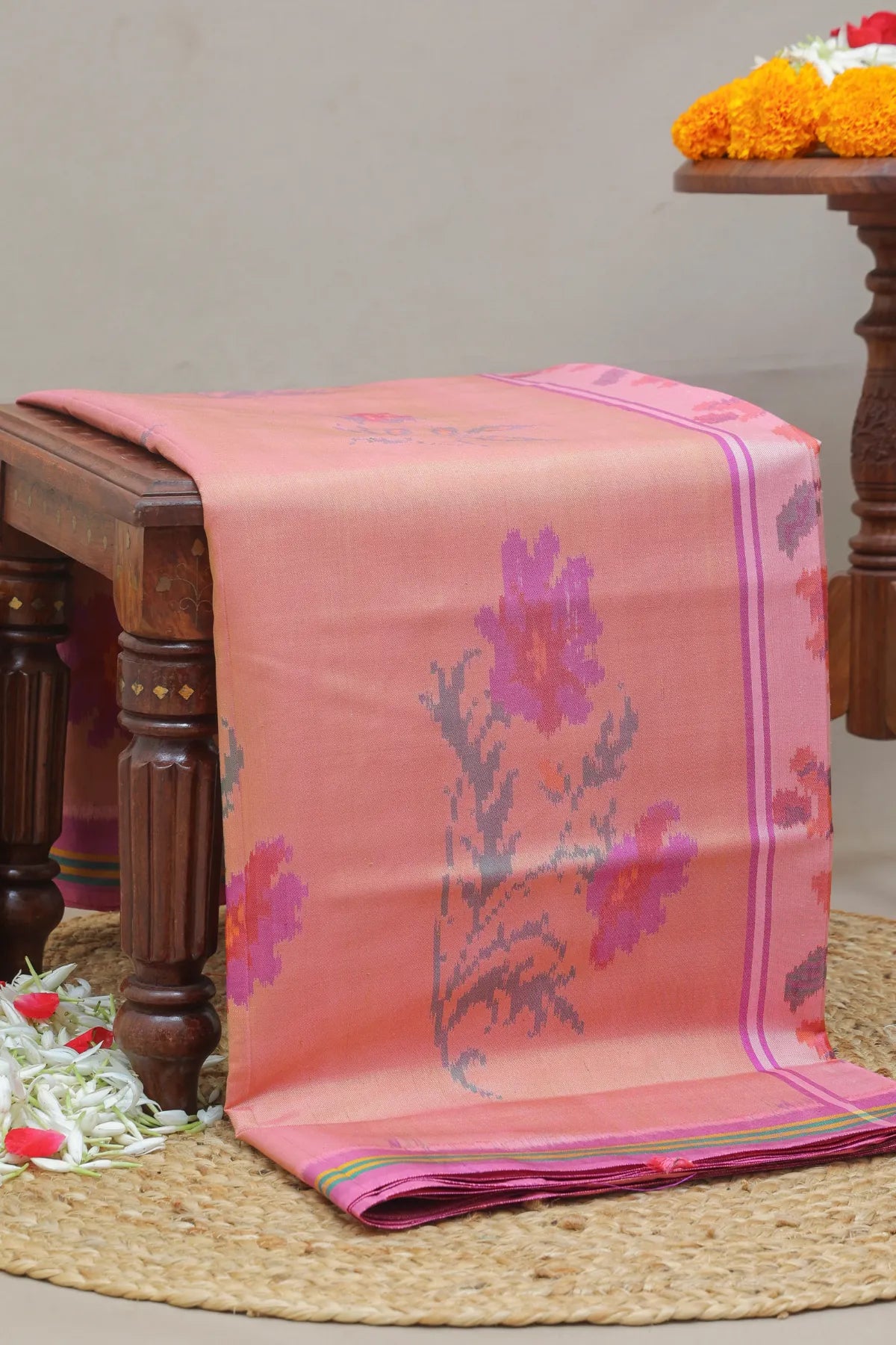 Masterpiece fancy flowers design semi double ikat patola saree