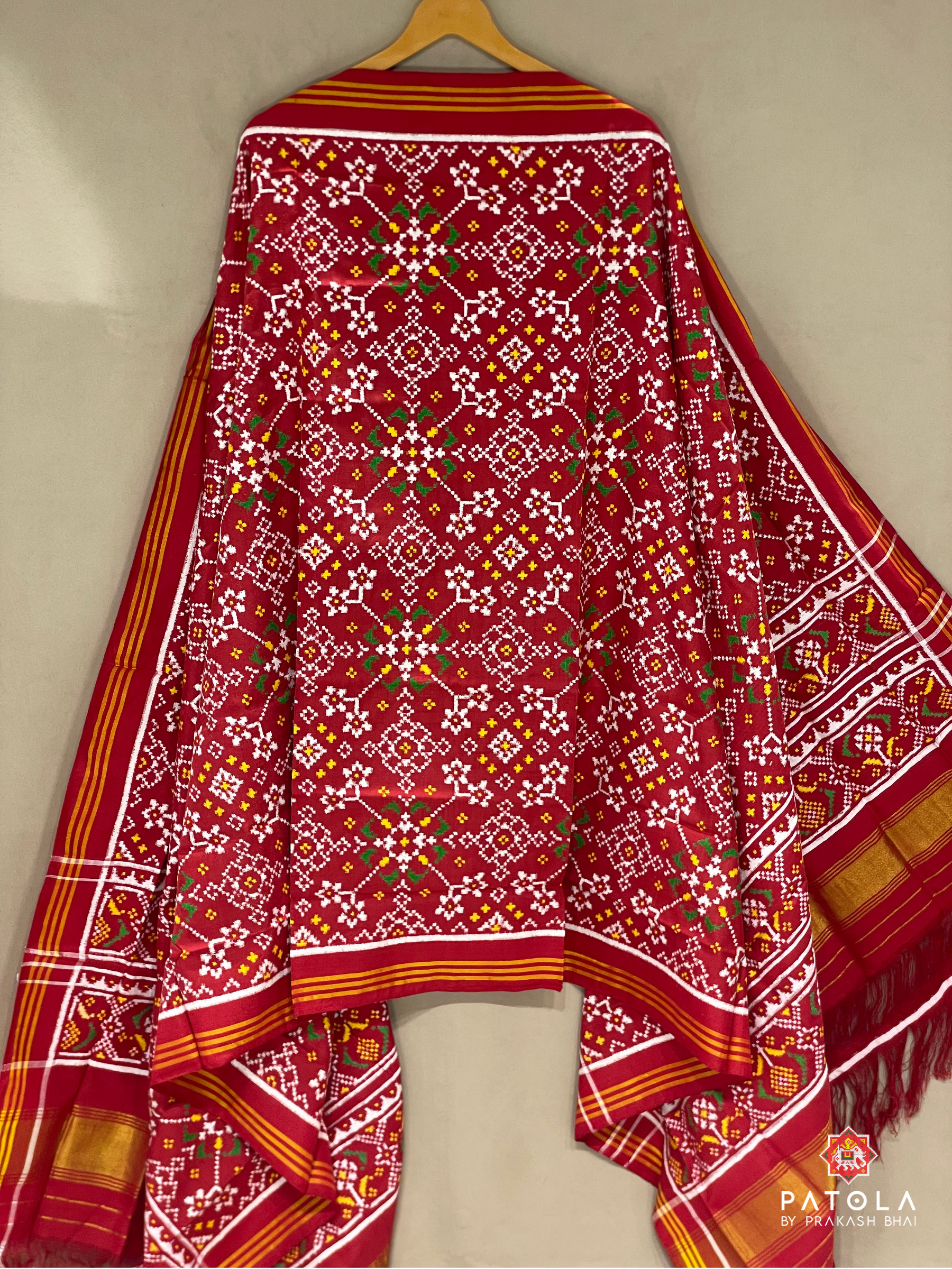Red Navratna Designer Pure Double Ikat Dupatta