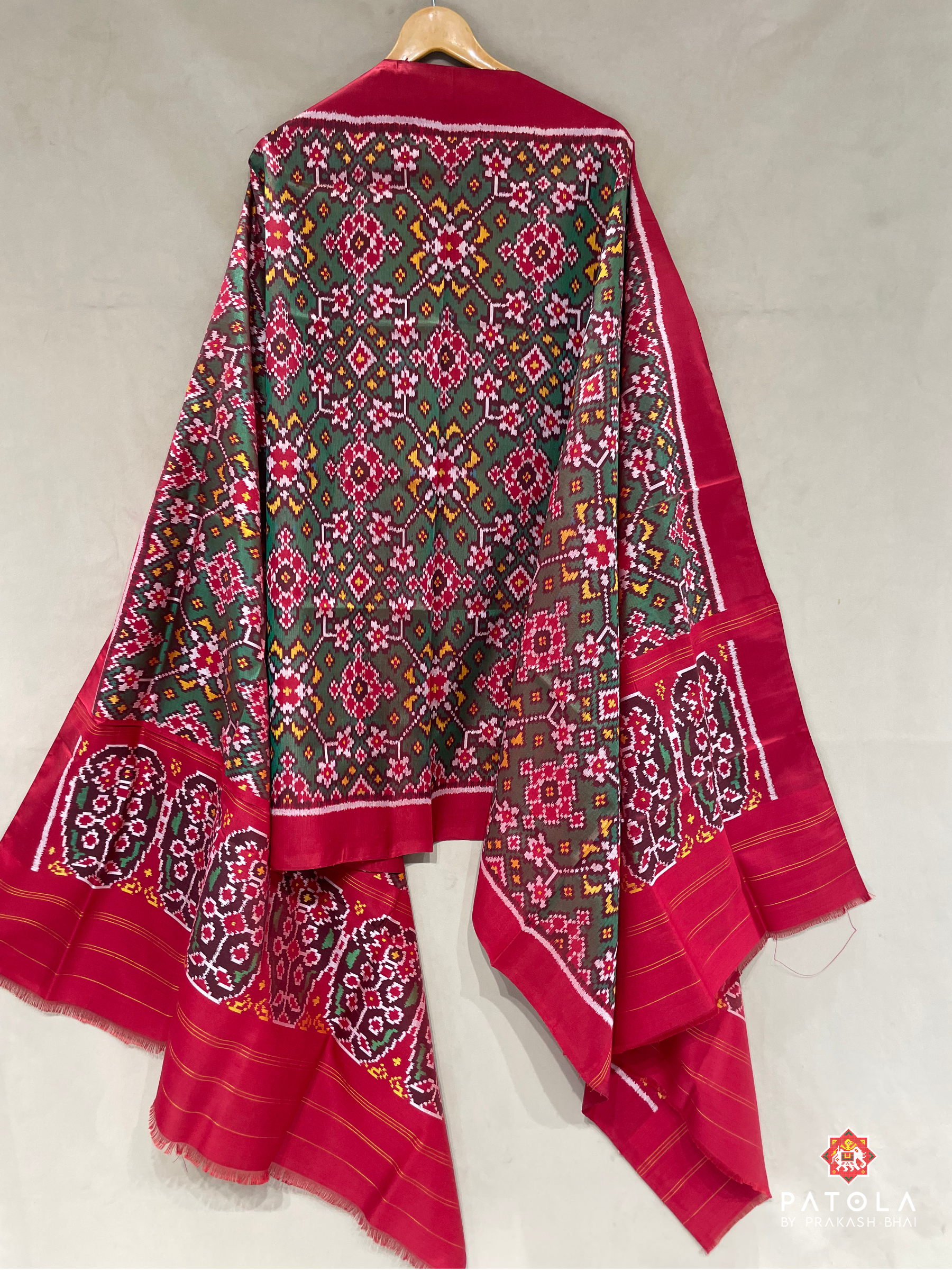Green With Red Navratna Designer Semi Double Ikat Patola Dupatta
