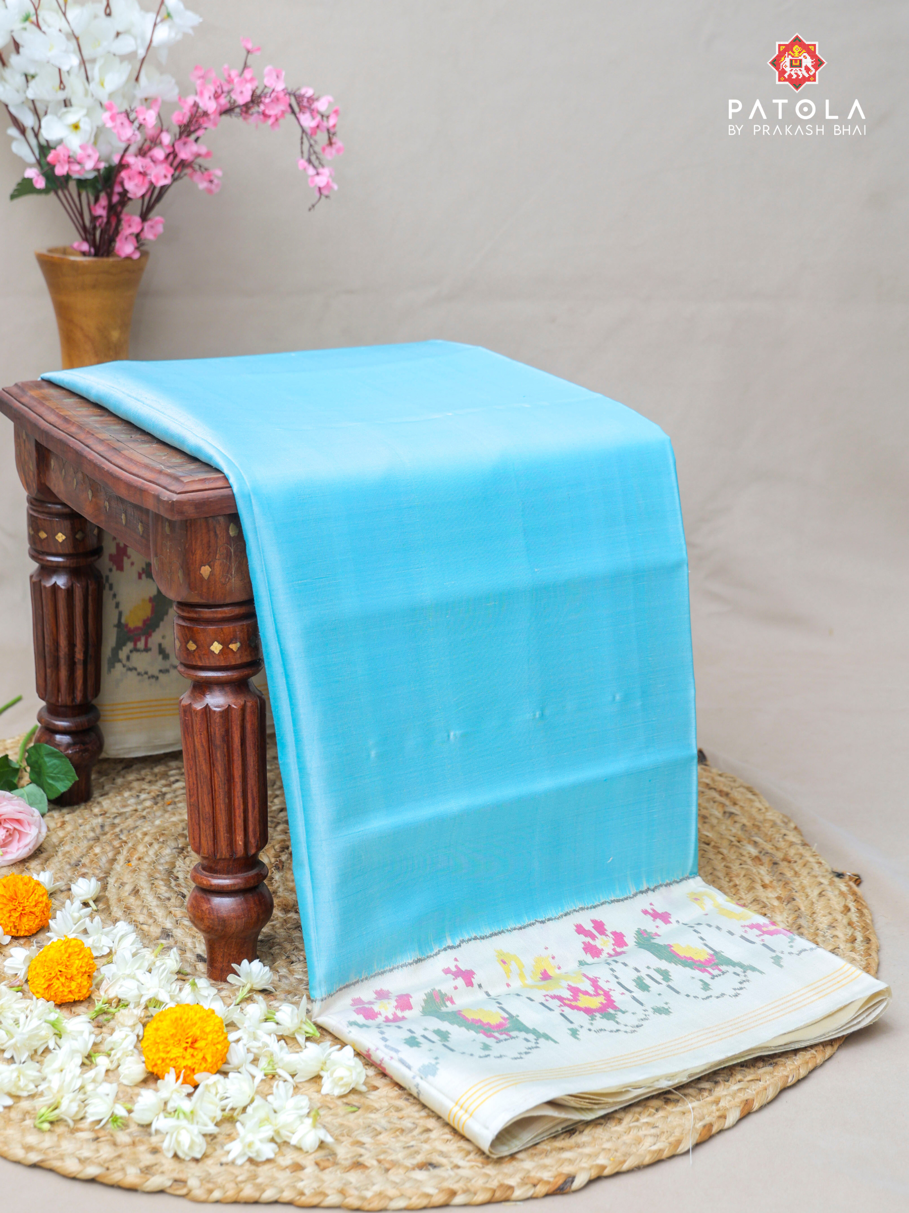 Plain Sky Blue Design With Patola Design Blouse Single Ikat Patola Saree