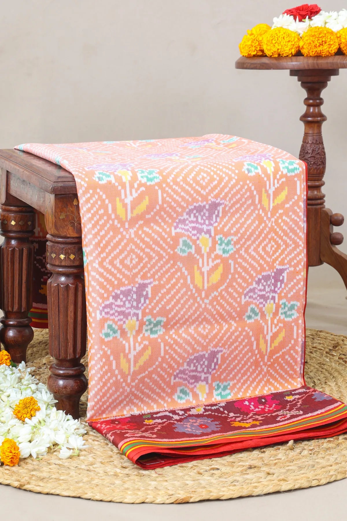 Masterpiece Rose Designer With Contras Flowers Design With Pallu Border Semi Double Ikat Patola Saree