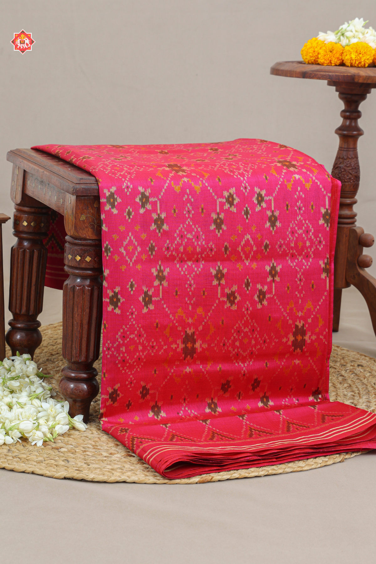 Navratna design with temple border single ikat patola saree