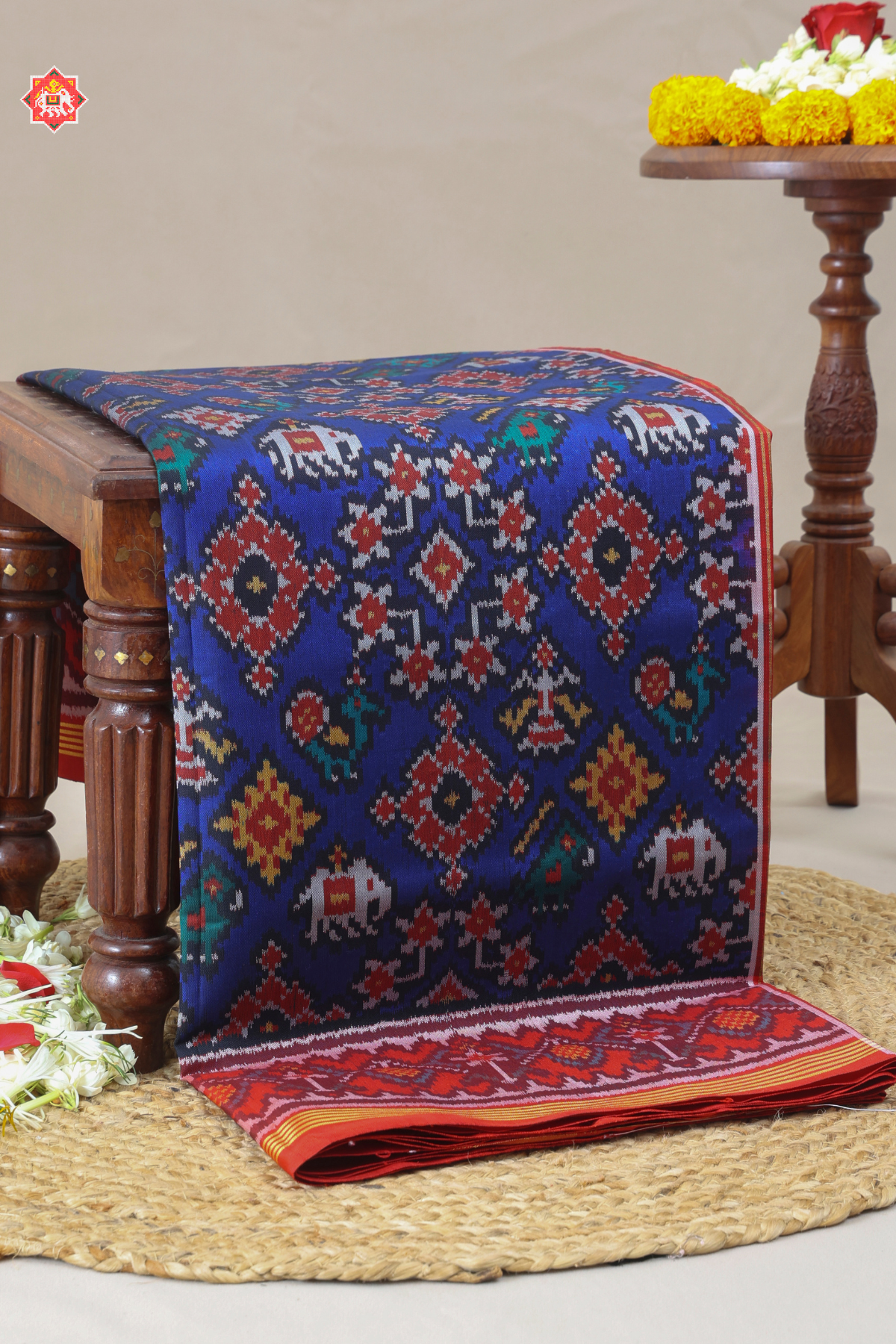 Traditional navratn with chanda design palllu border contras semi double ikat patola saree