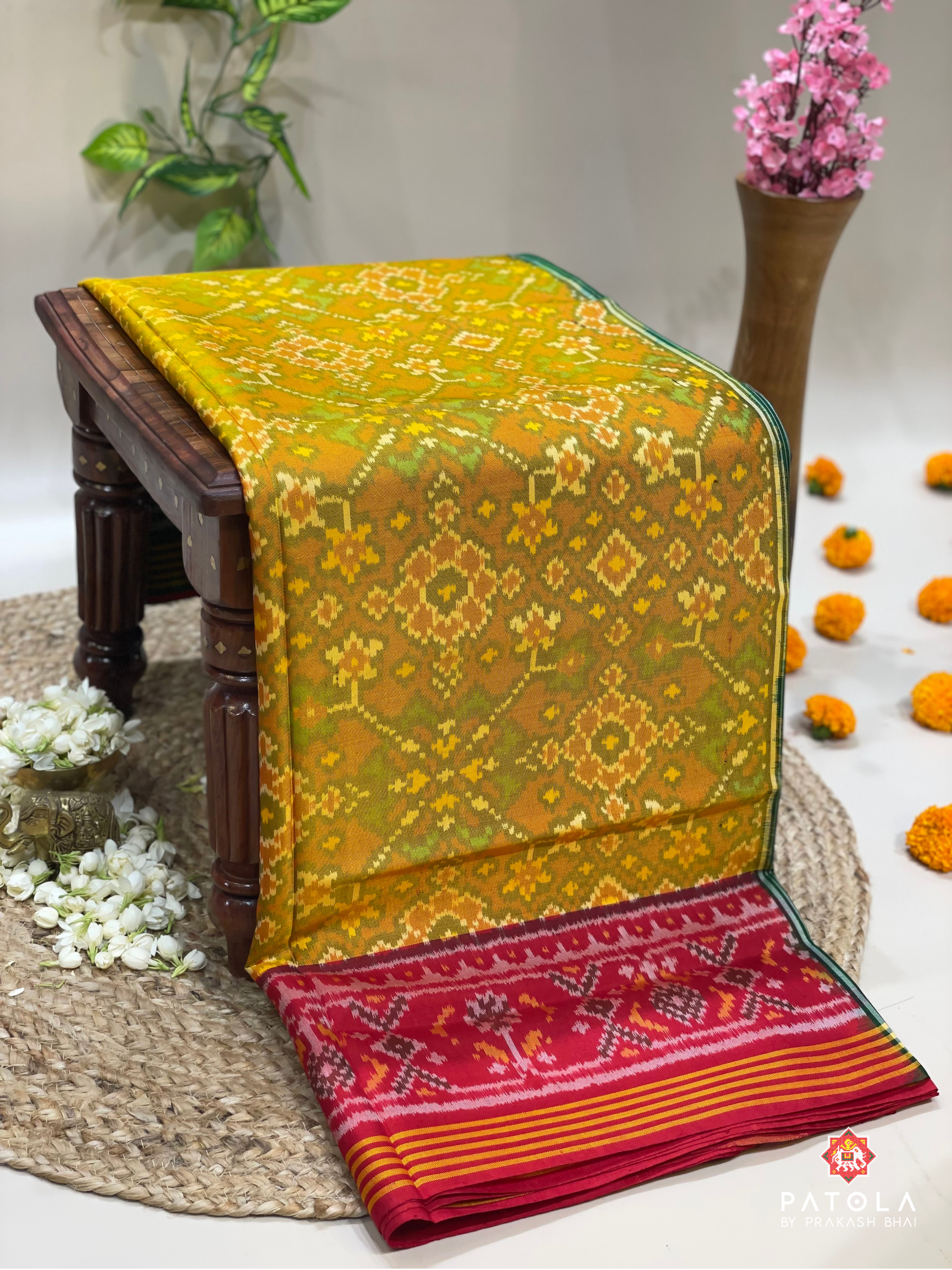 Traditional Navratna Design With Two Color Border Pallu Contrast Semi Double Ikat Saree