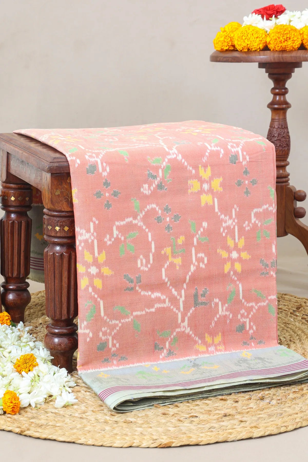 Rangoli design with lines border traditional design pallu semi double ikat patola saree