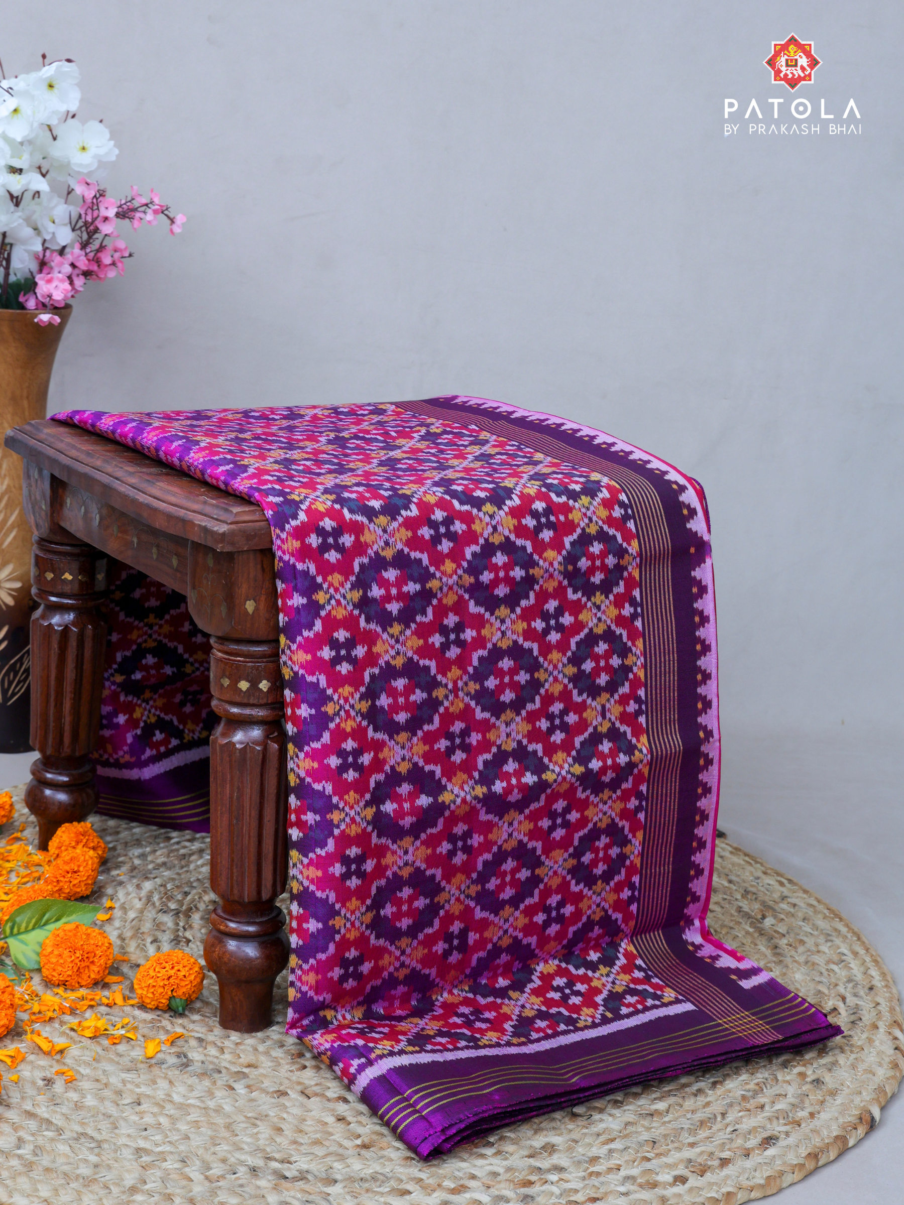 Magenta Button Phool Design Semi Double Ikat Patola Saree