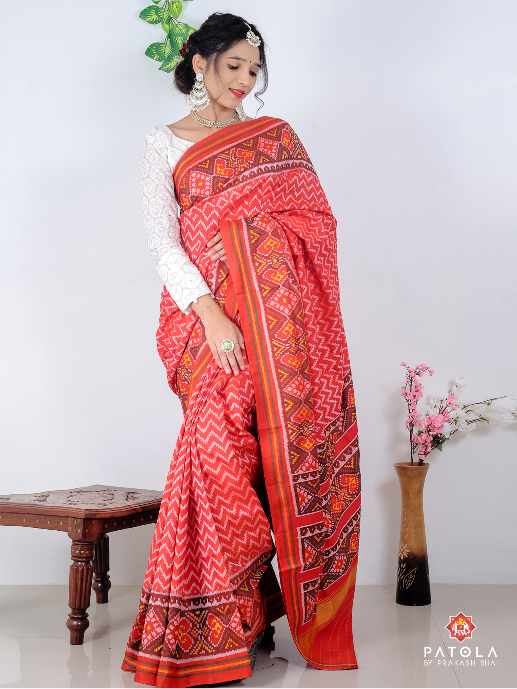 Red Zigzag Designer Semi Double Ikat Patola Saree