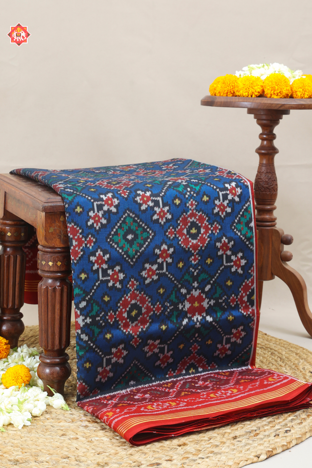 Traditional navratn design with ghughroo border  semi double ikat patola saree