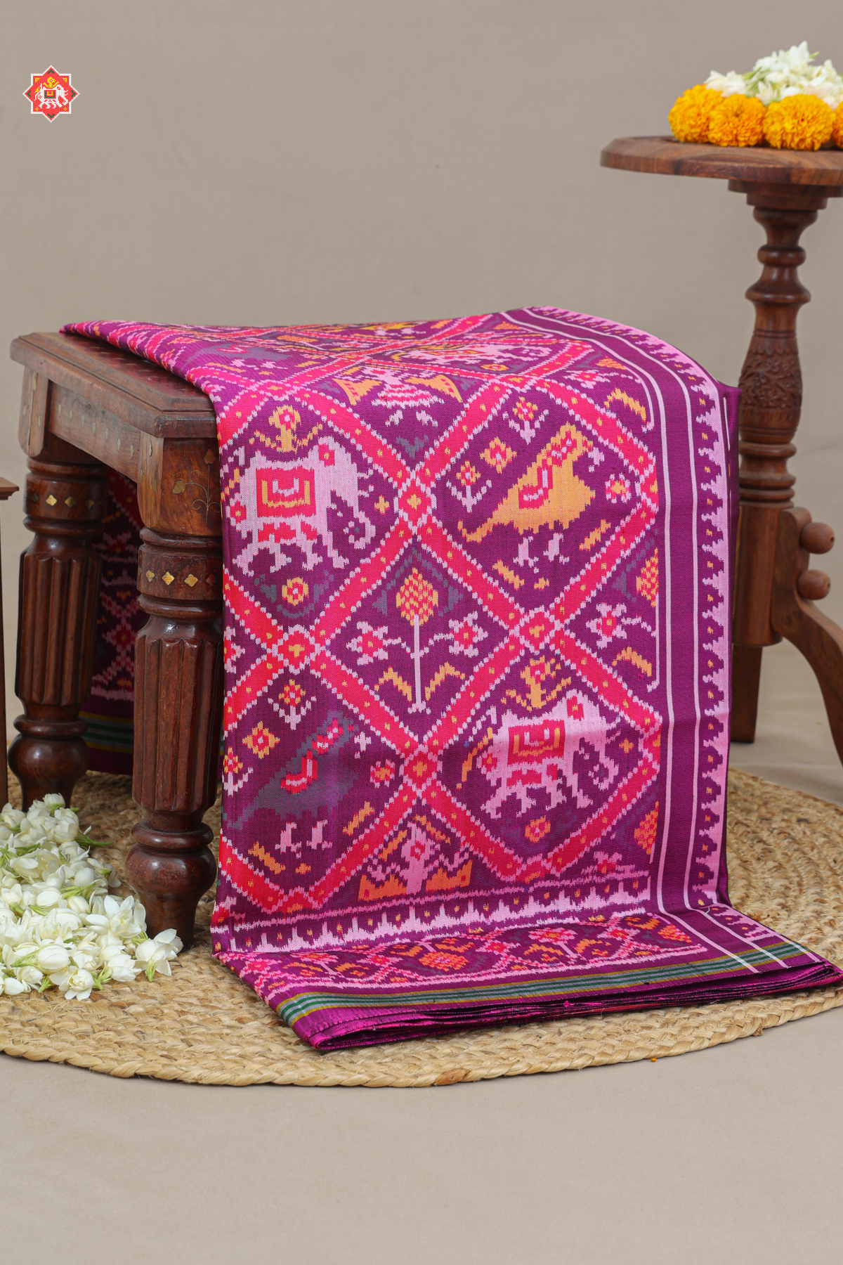 Traditional adtala designer with minakari work & ghughroo border pallu semi double ikat patola saree