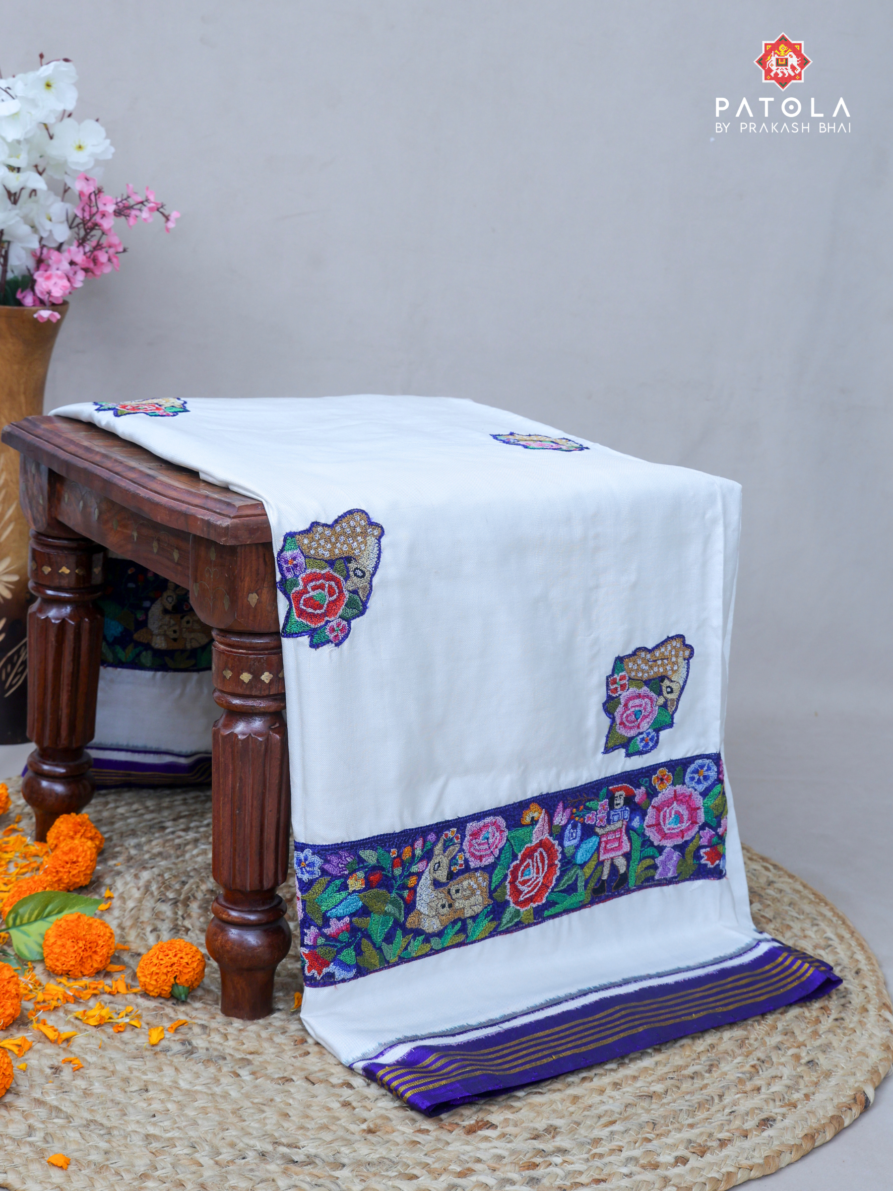 Masterpiece Flowers Deers Design Pure Petit Point Handwork Pure Double Ikat Patola Saree