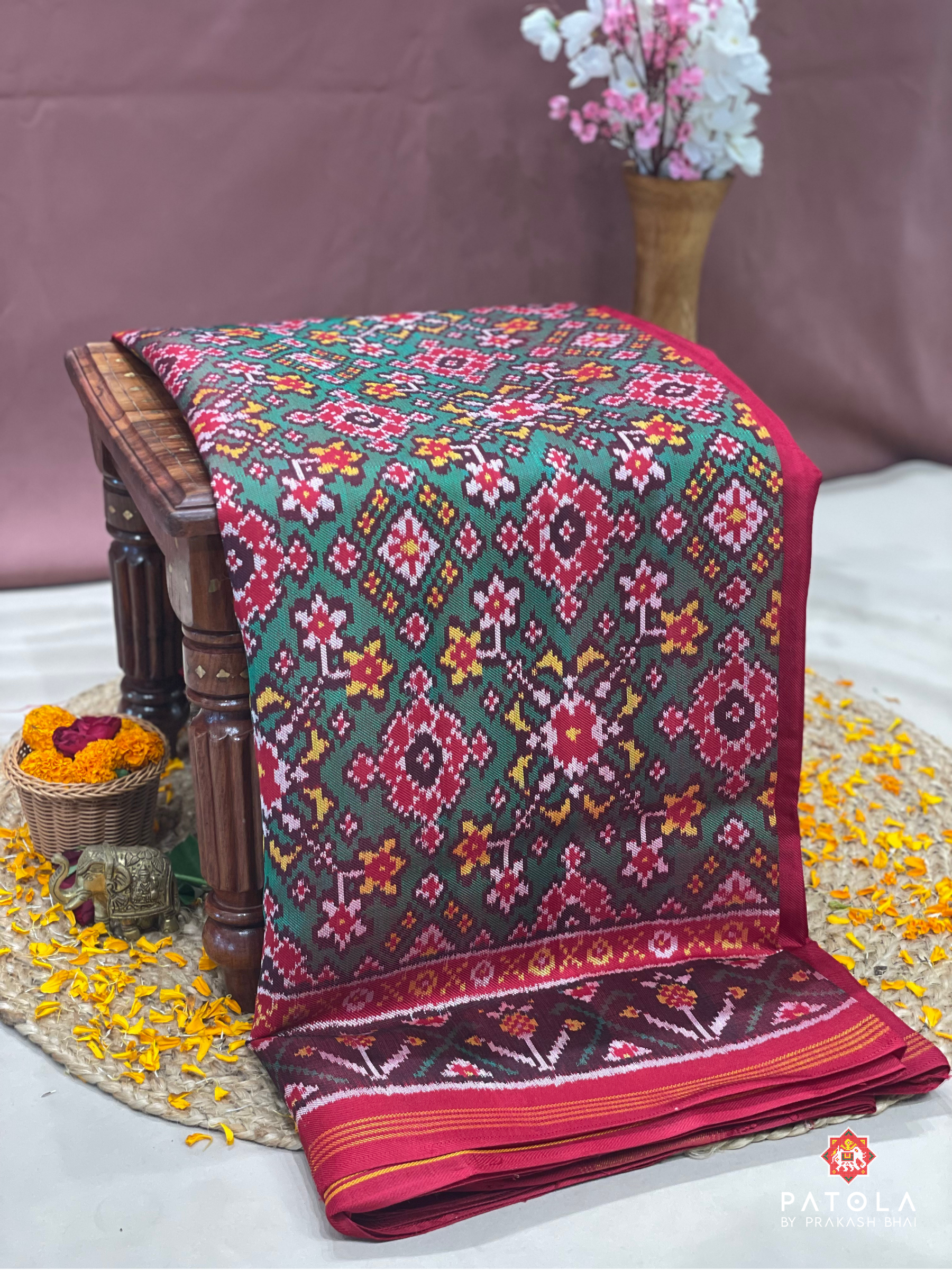 Green Navratna Designer Twill Patola Saree