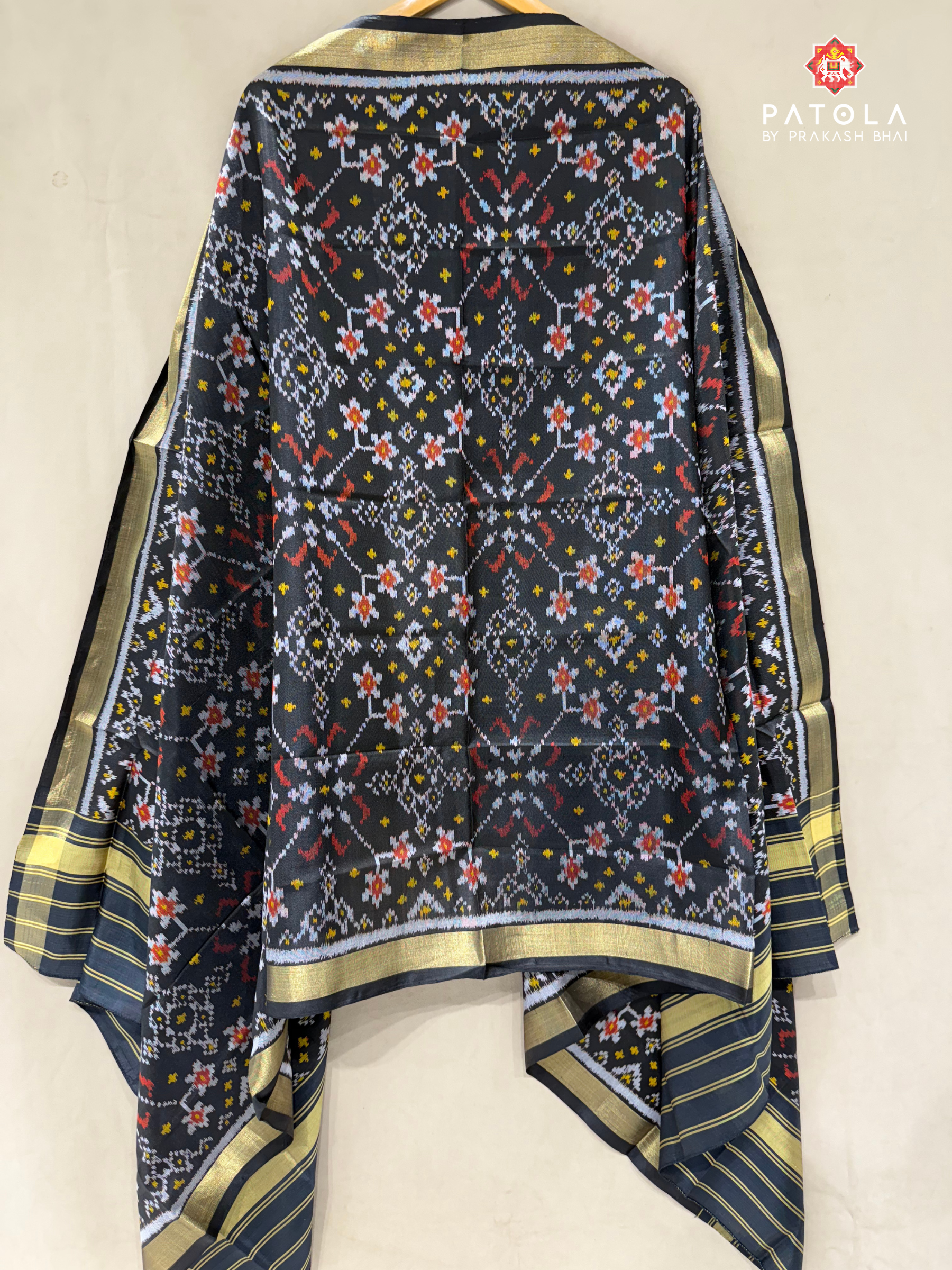 Black Navratna Design Single Ikat Patola Dupatta
